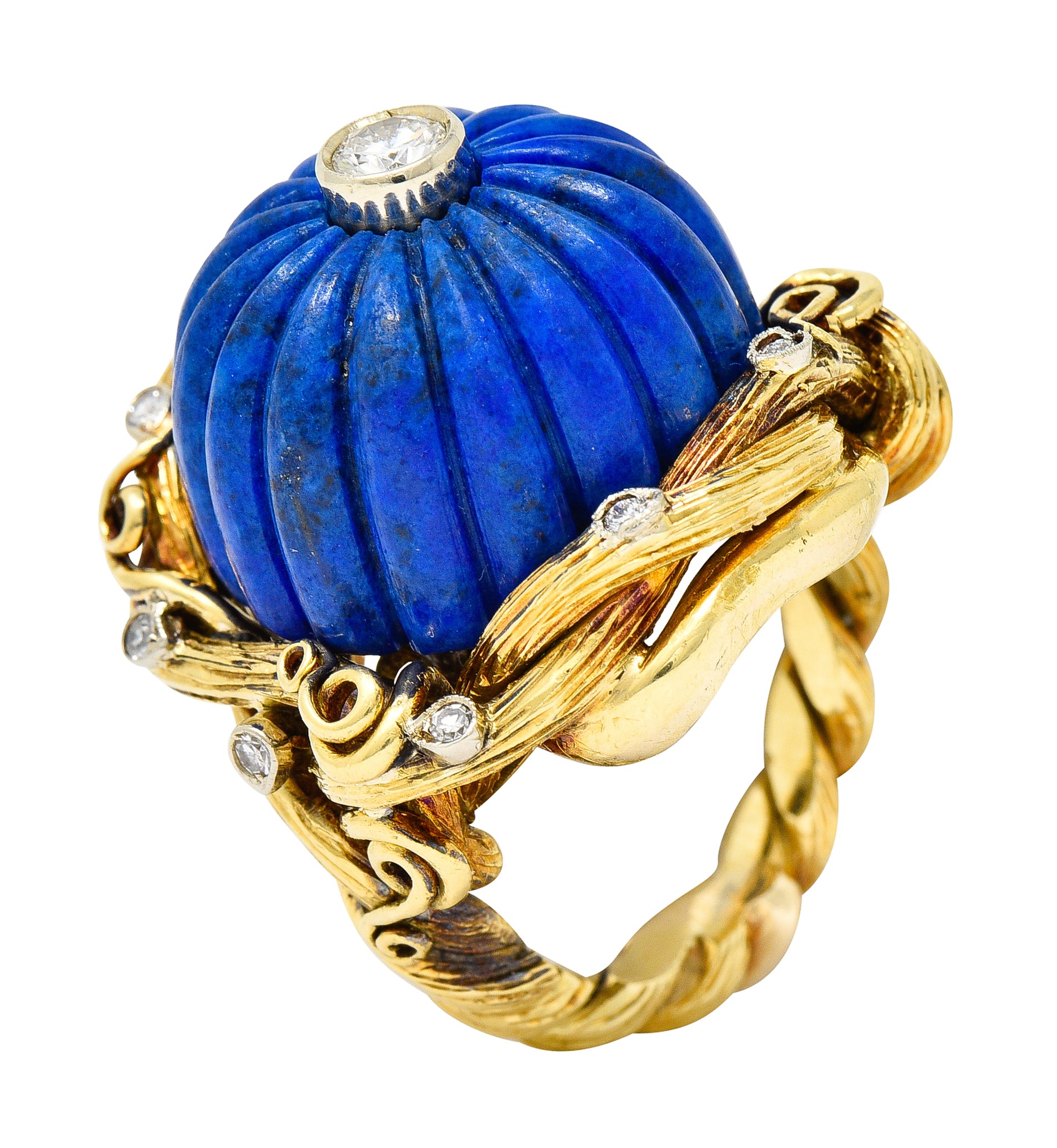 1960's Vintage Carved Lapis Lazuli Diamond 18 Karat Two-Tone Gold Statement Ring Wilson's Estate Jewelry