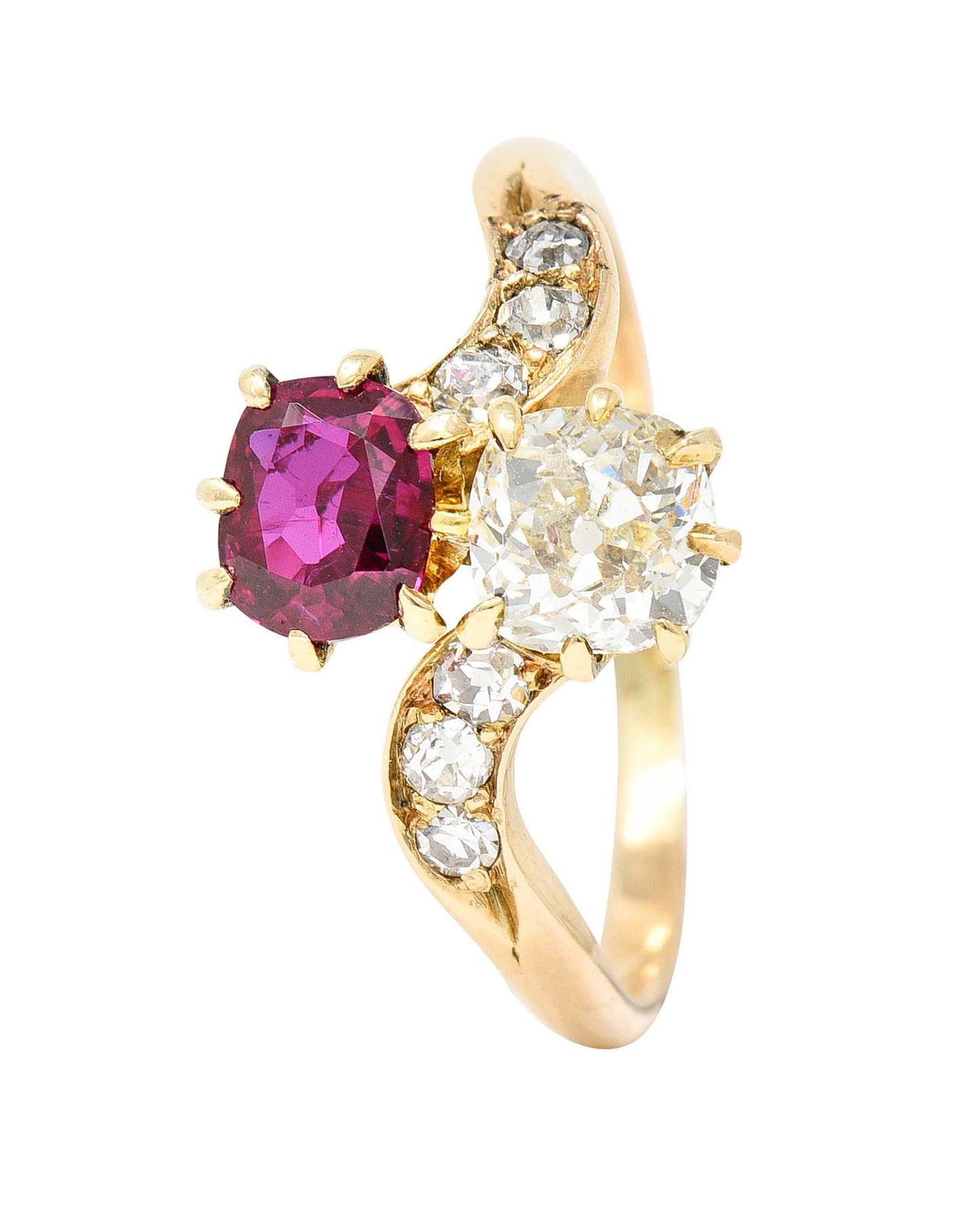 1900 Victorian 1.30 CTW Ruby Diamond 14 Karat Gold Toi Et Moi RingRing - Wilson's Estate Jewelry