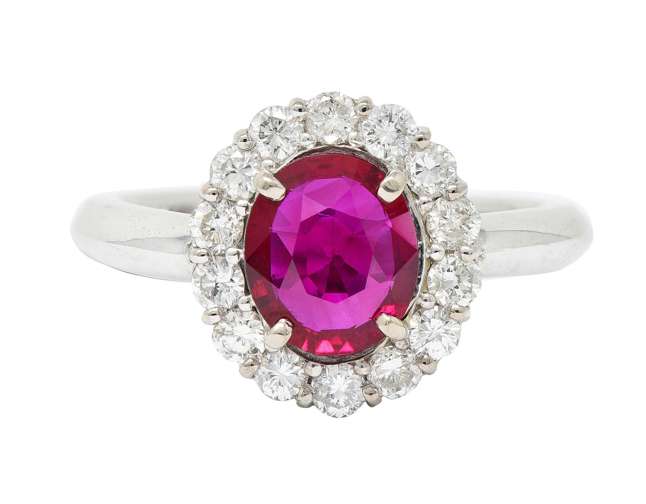 Pigeon's Blood 1.77 CTW Burma Ruby Diamond 18 Karat White Gold Cluster Ring GIARing - Wilson's Estate Jewelry