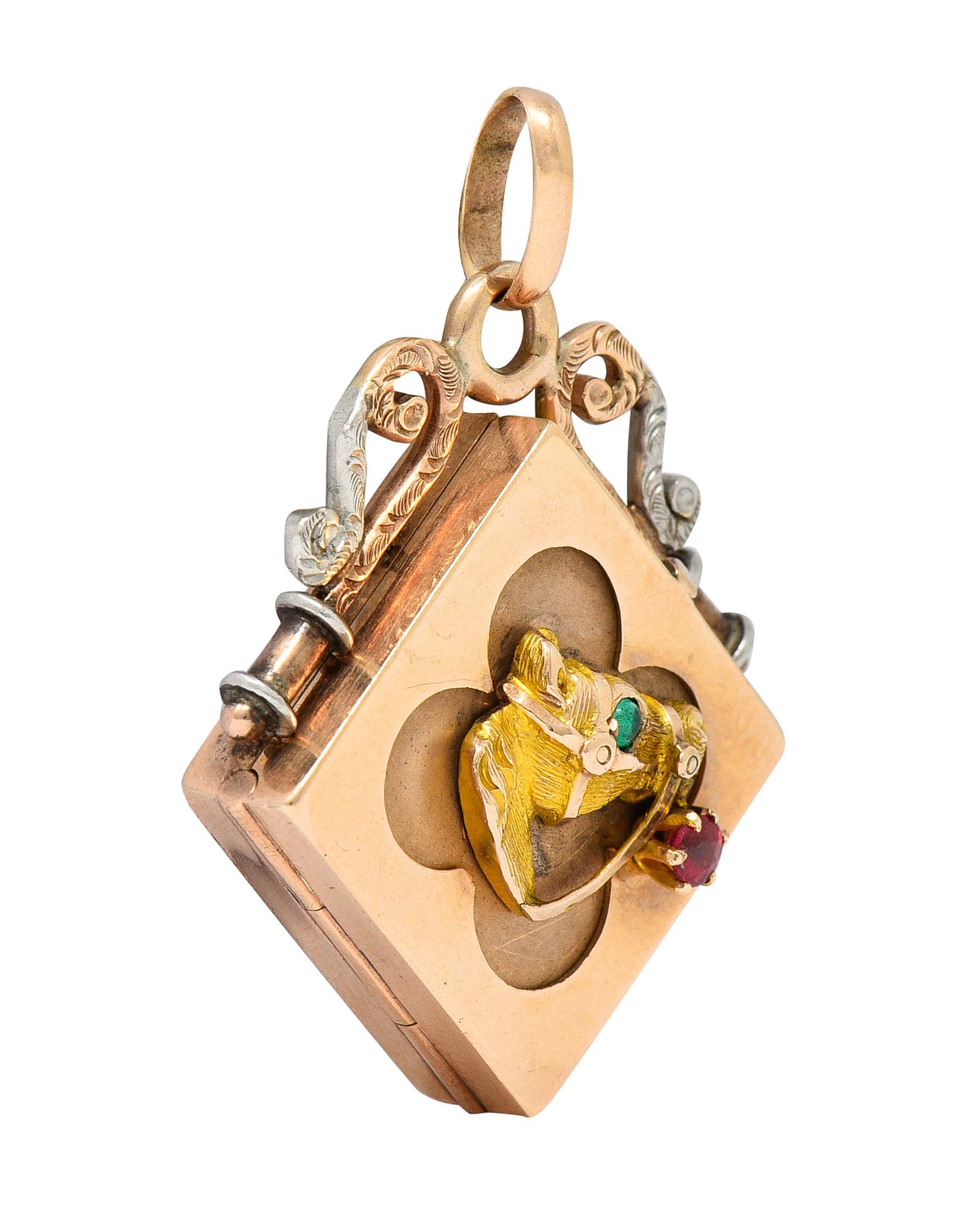 Victorian Garnet Glass 14 Karat Tri-Colored Gold Horse Locket Pendantcharm - Wilson's Estate Jewelry