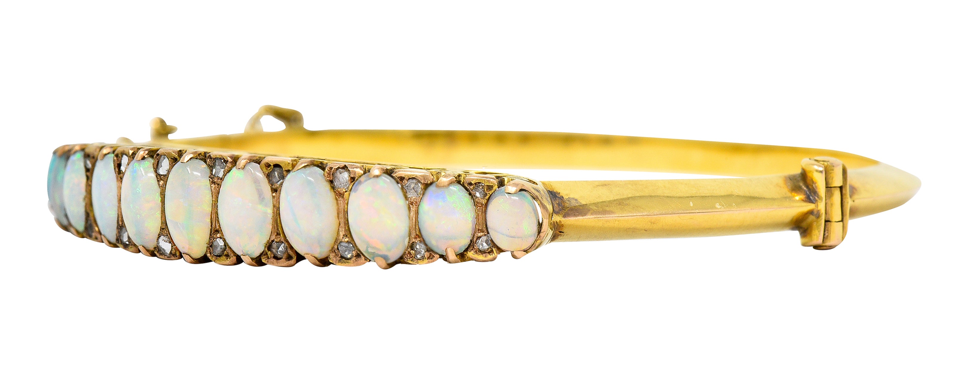 Victorian Diamond Opal 14 Karat Yellow Gold Scroll Bangle Bracelet Wilson's Estate Jewelry