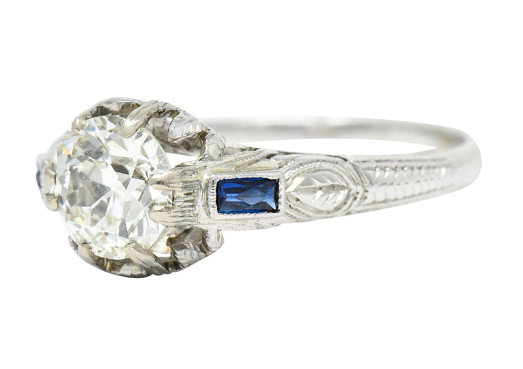 Art Deco 1.23 CTW Diamond Sapphire 14 Karat White Gold Foliate Engagement Ring GIARing - Wilson's Estate Jewelry