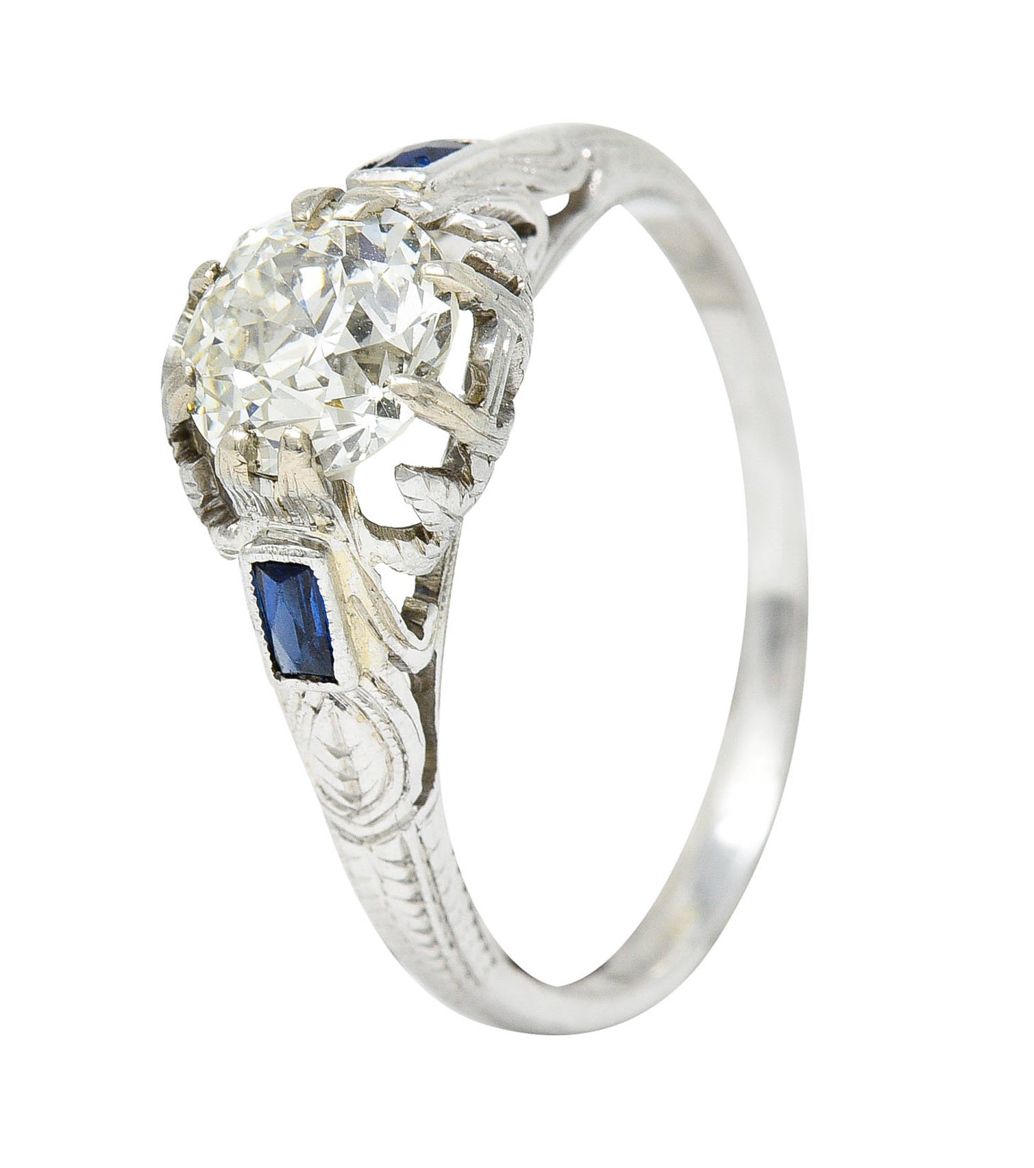 Art Deco 1.23 CTW Diamond Sapphire 14 Karat White Gold Foliate Engagement Ring GIARing - Wilson's Estate Jewelry