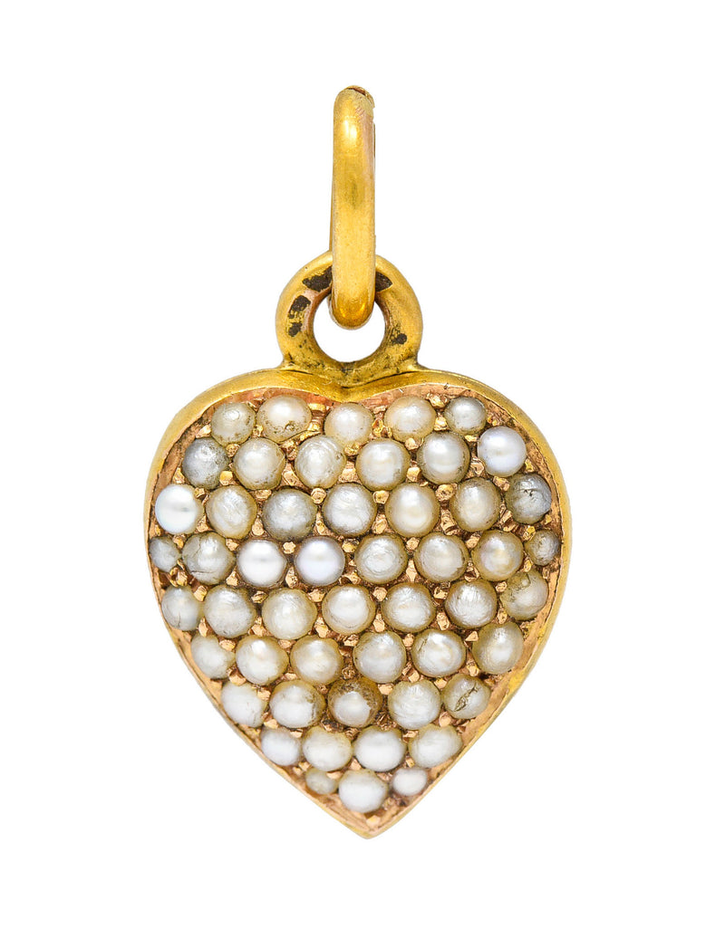 1900 Victorian Natural Freshwater Pearl 18 Karat Gold Heart Locket Charmcharm - Wilson's Estate Jewelry