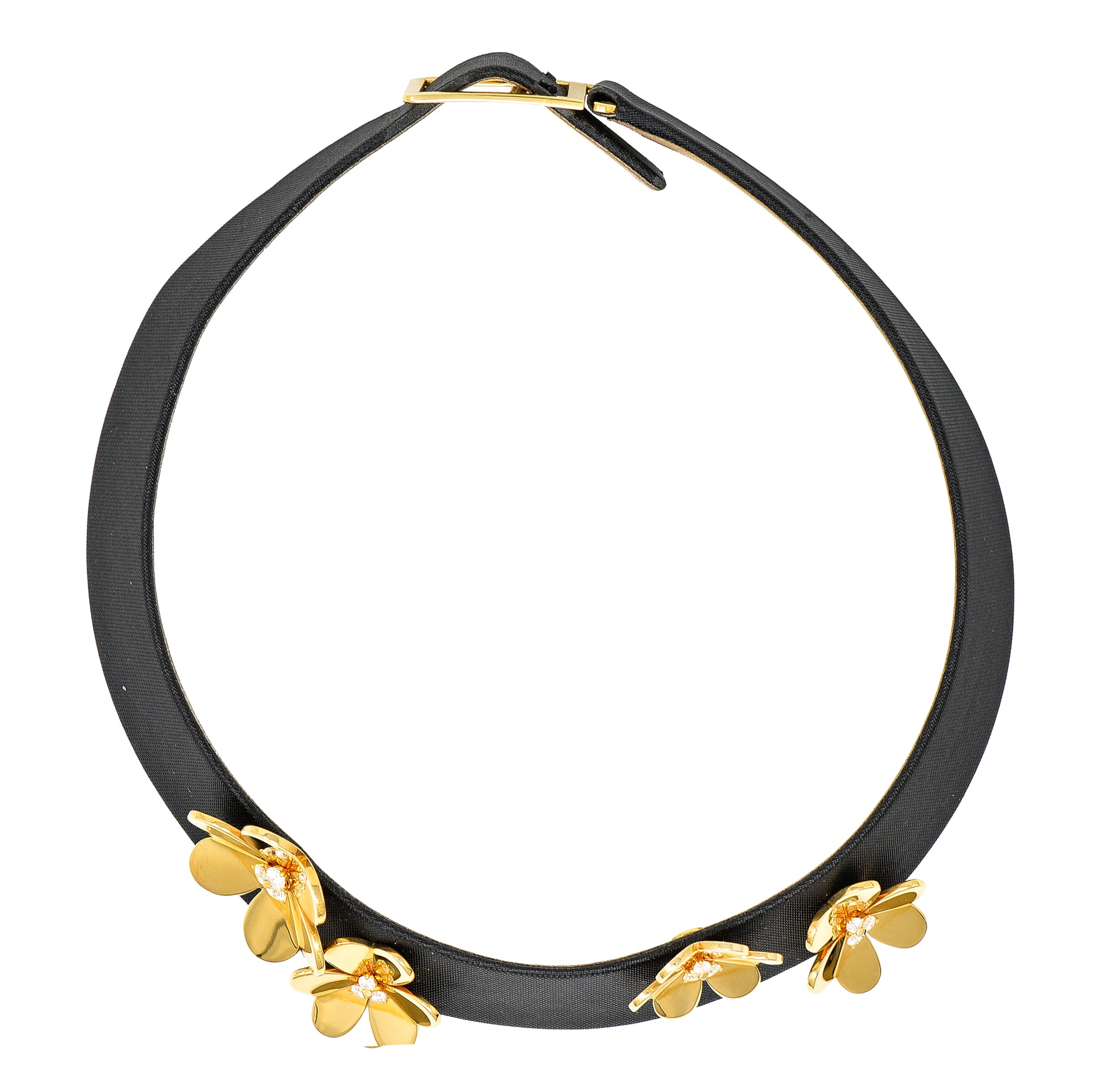 Van Cleef & Arpels Diamond 18 Karat Yellow Gold Silk Leather Frivole French Clover Vintage  Collar Necklace Wilson's Estate Jewelry