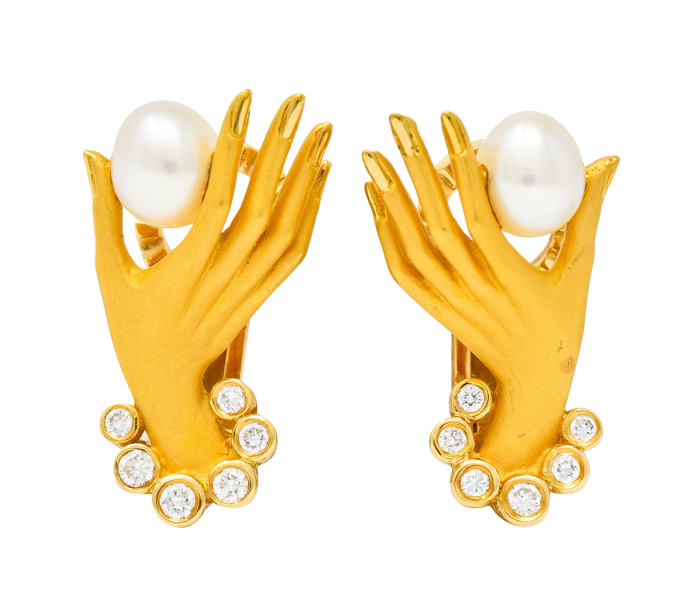 Carrera Y Carrera Diamond Pearl 18 Karat Gold Las Manos Hand Earrings - Wilson's Estate Jewelry