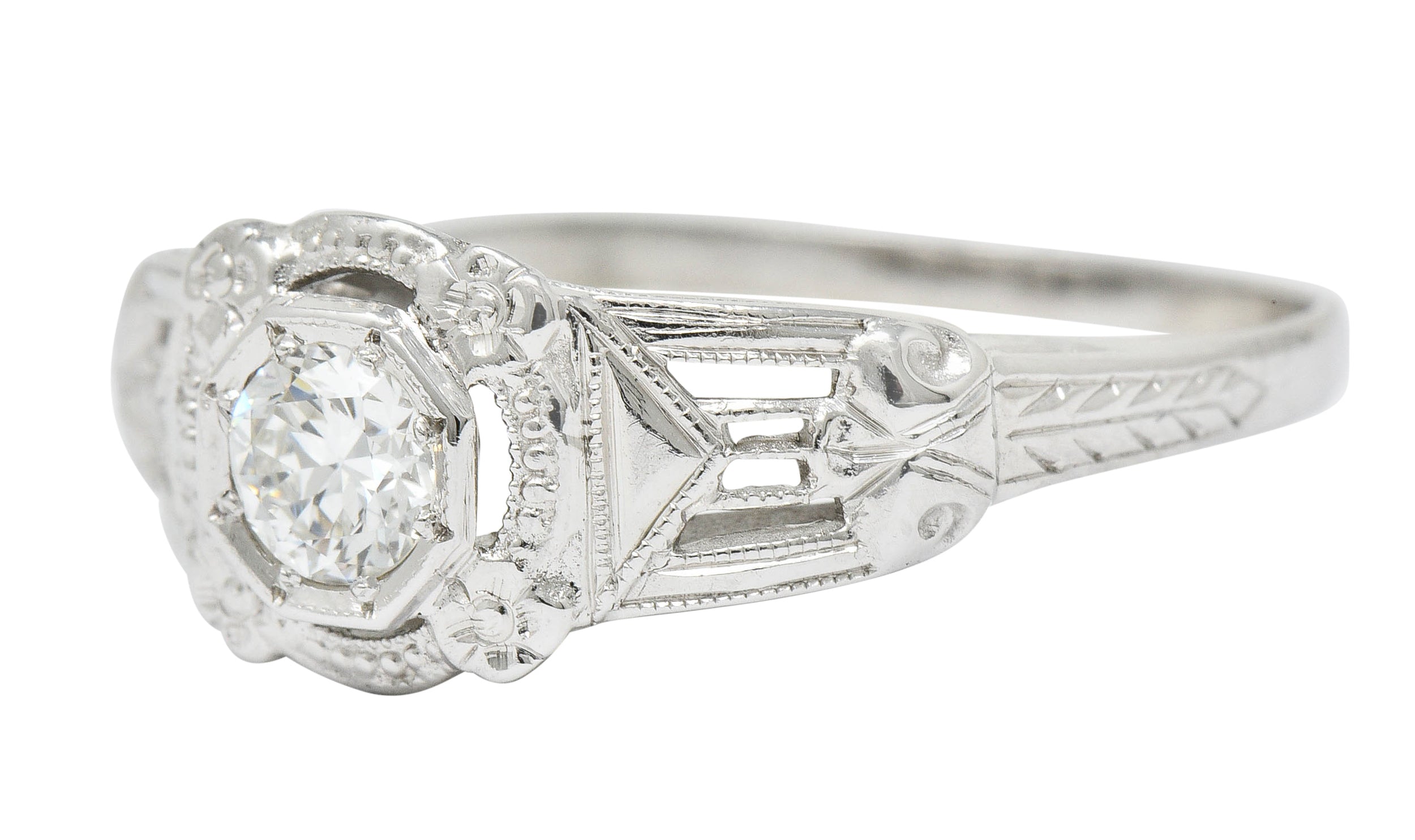 Art Deco Diamond 18 Karat White Gold Orange Blossom Halo Engagement RingRing - Wilson's Estate Jewelry