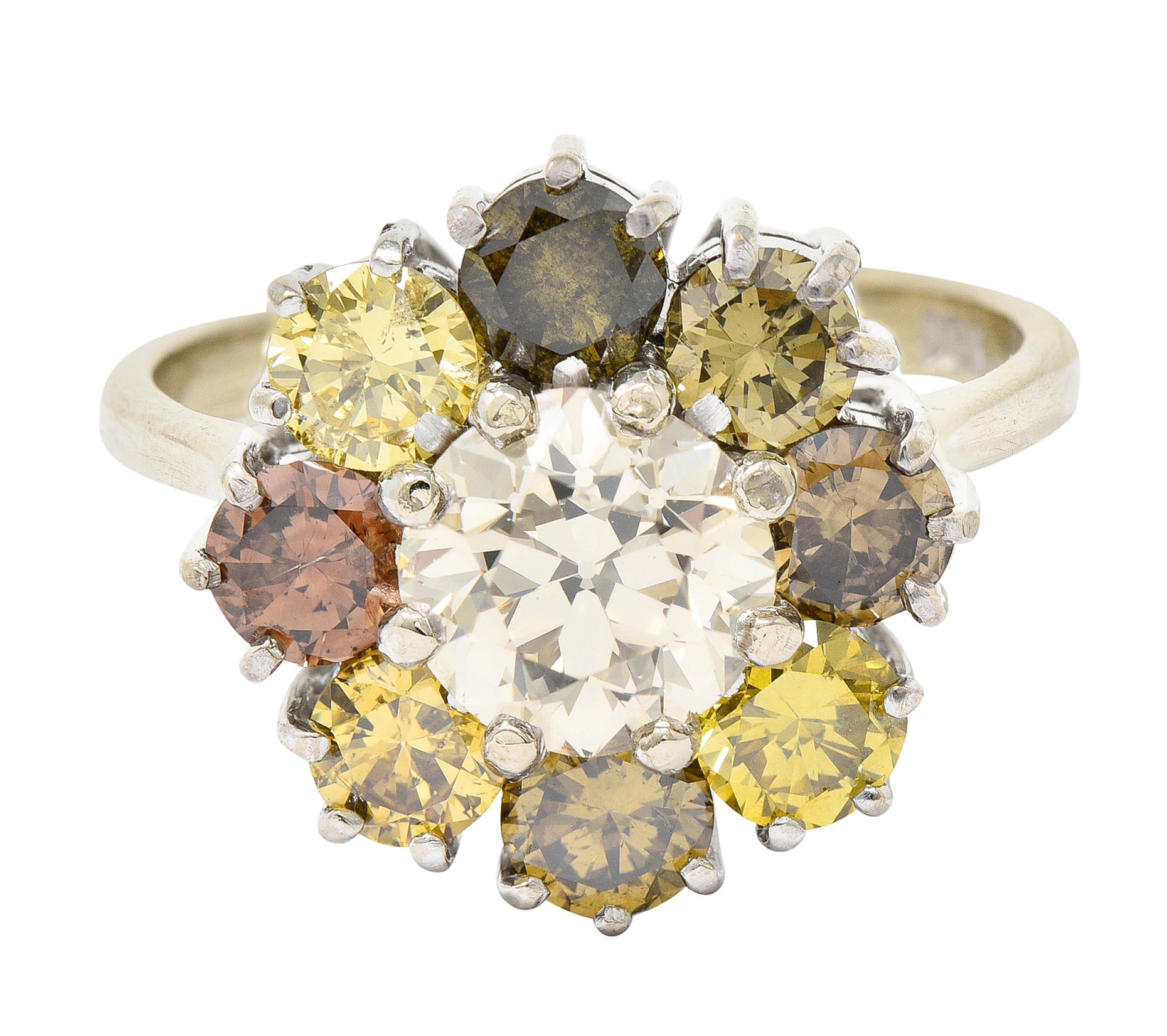 Vintage 2.02 CTW Fancy Colored Diamond 18 Karat White Gold Cluster Ring Wilson's Estate Jewelry