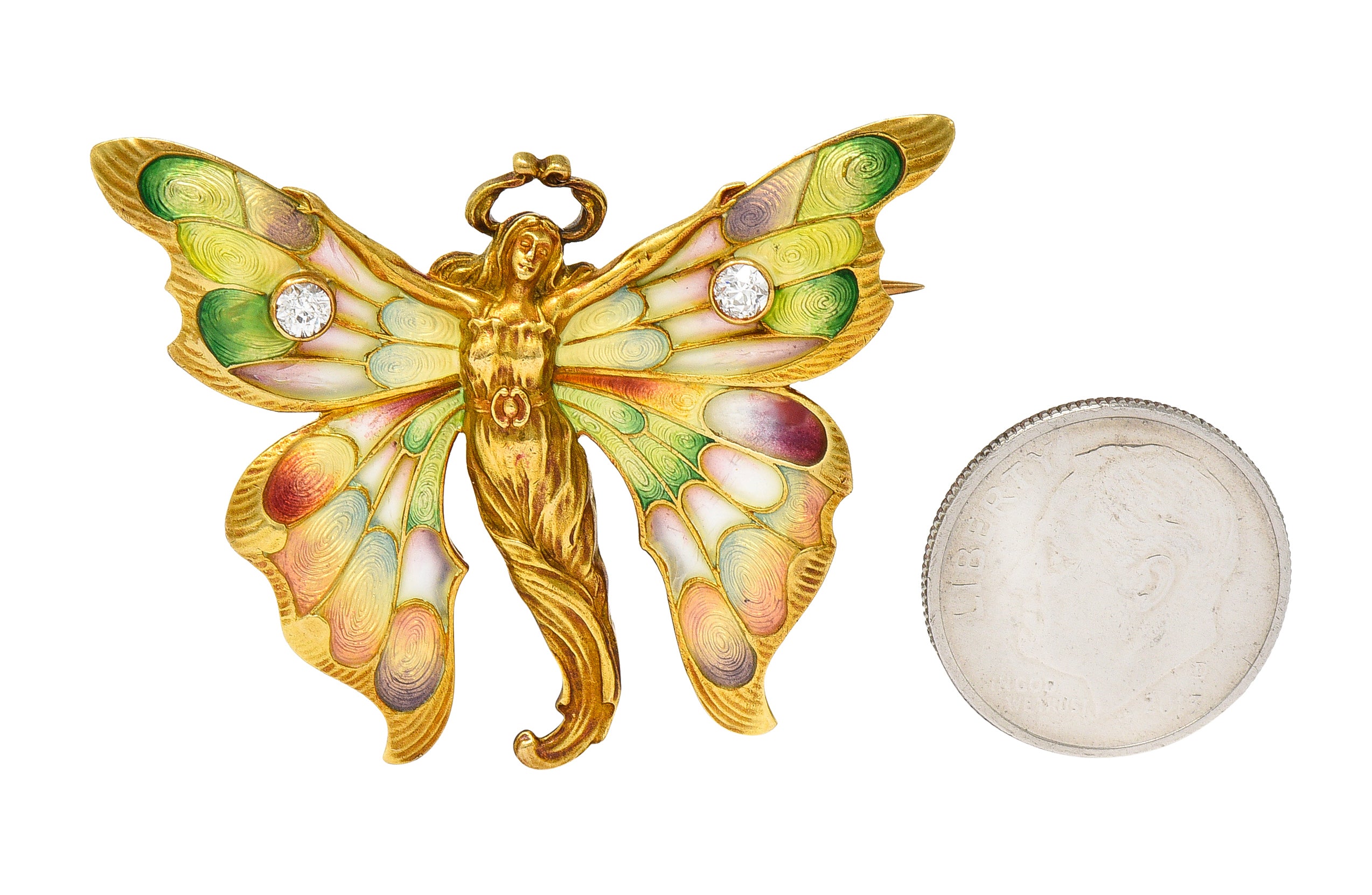 Whiteside & Blank Art Nouveau Plique-a-Jour Enamel Diamond 18 Karat Yellow Gold Fairy Brooch Wilson's Estate Jewelry