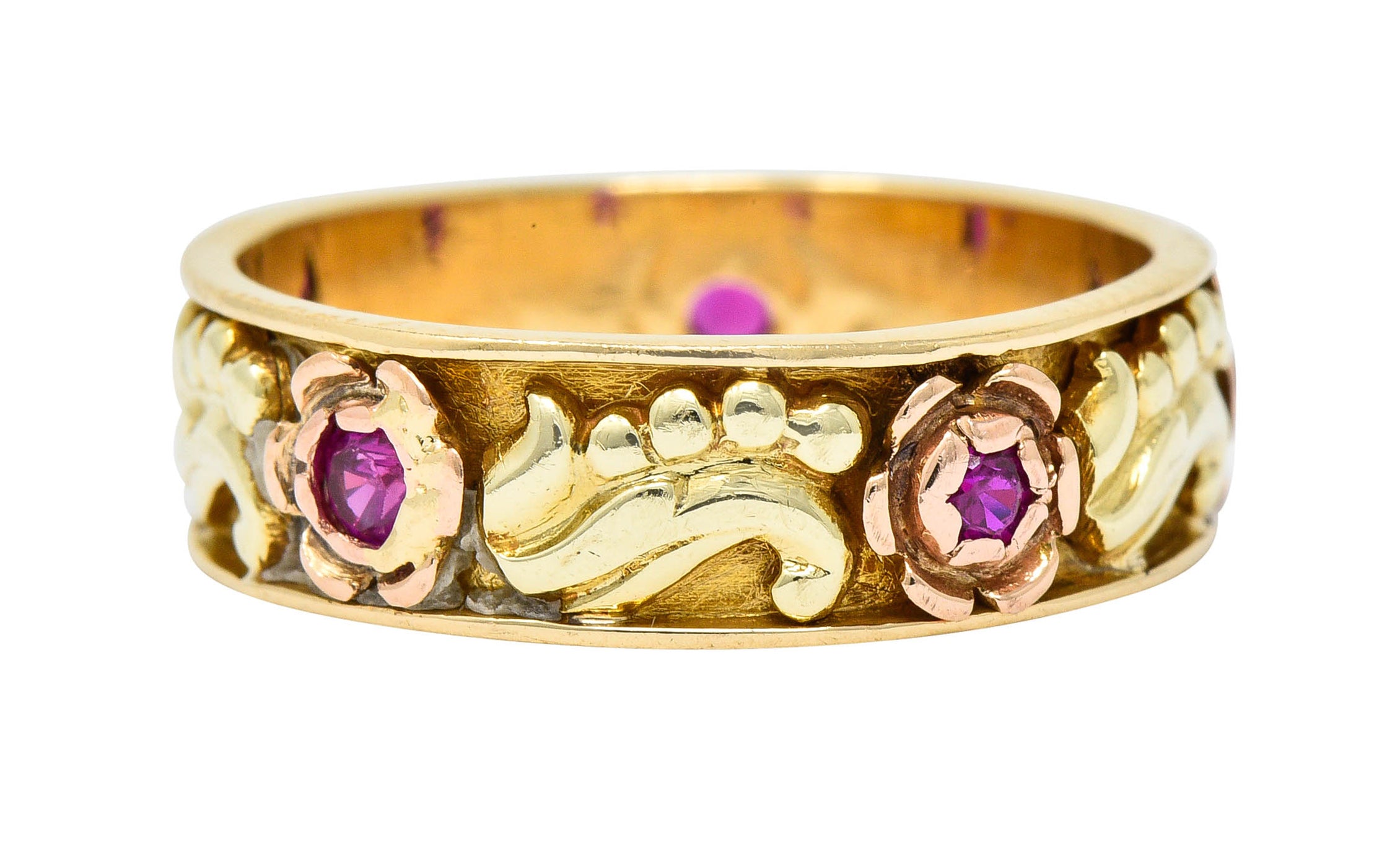 Art Nouveau Ruby 14 Karat Tri-Colored Gold Rose Band RingRing - Wilson's Estate Jewelry