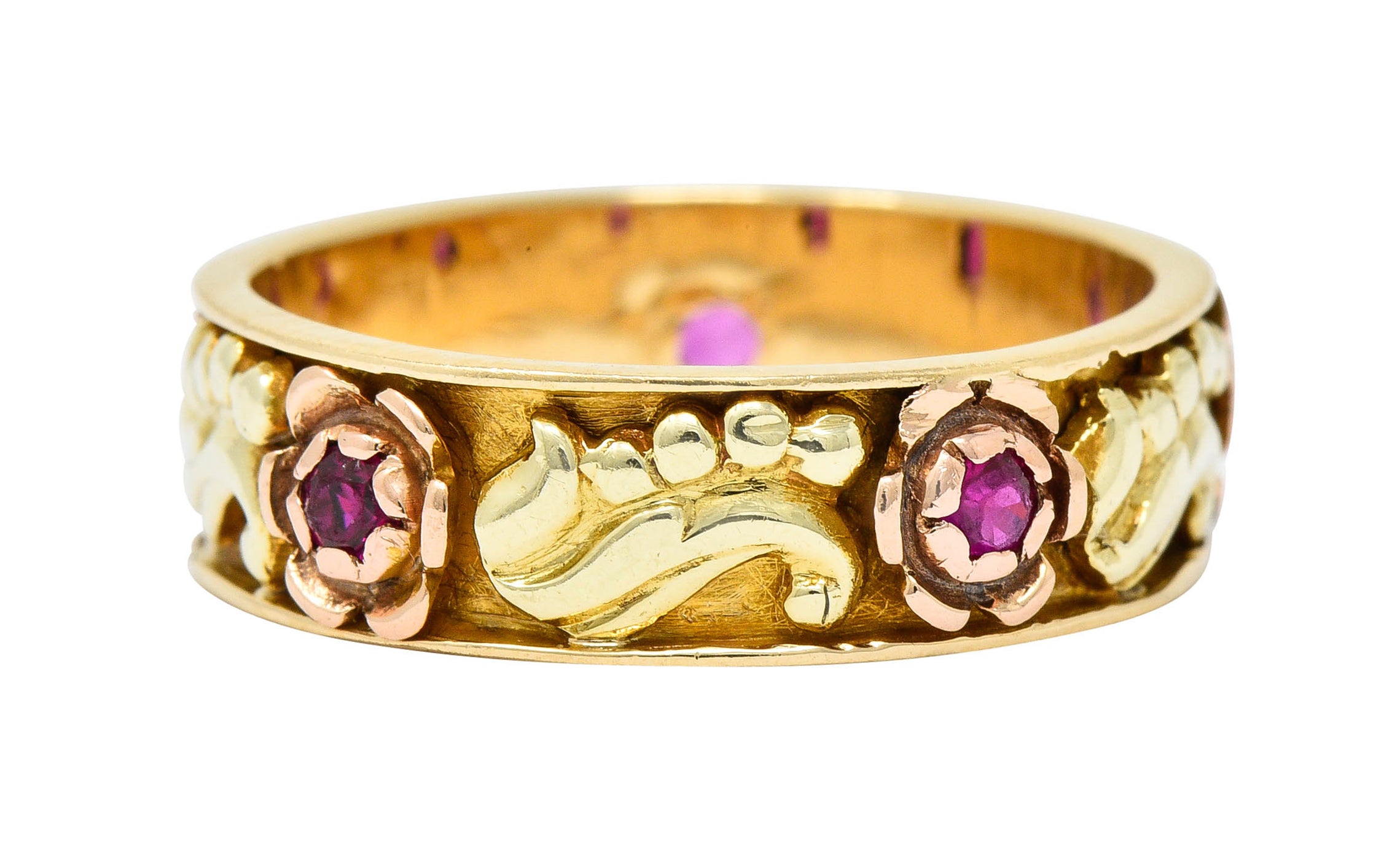 Art Nouveau Ruby 14 Karat Tri-Colored Gold Rose Band RingRing - Wilson's Estate Jewelry