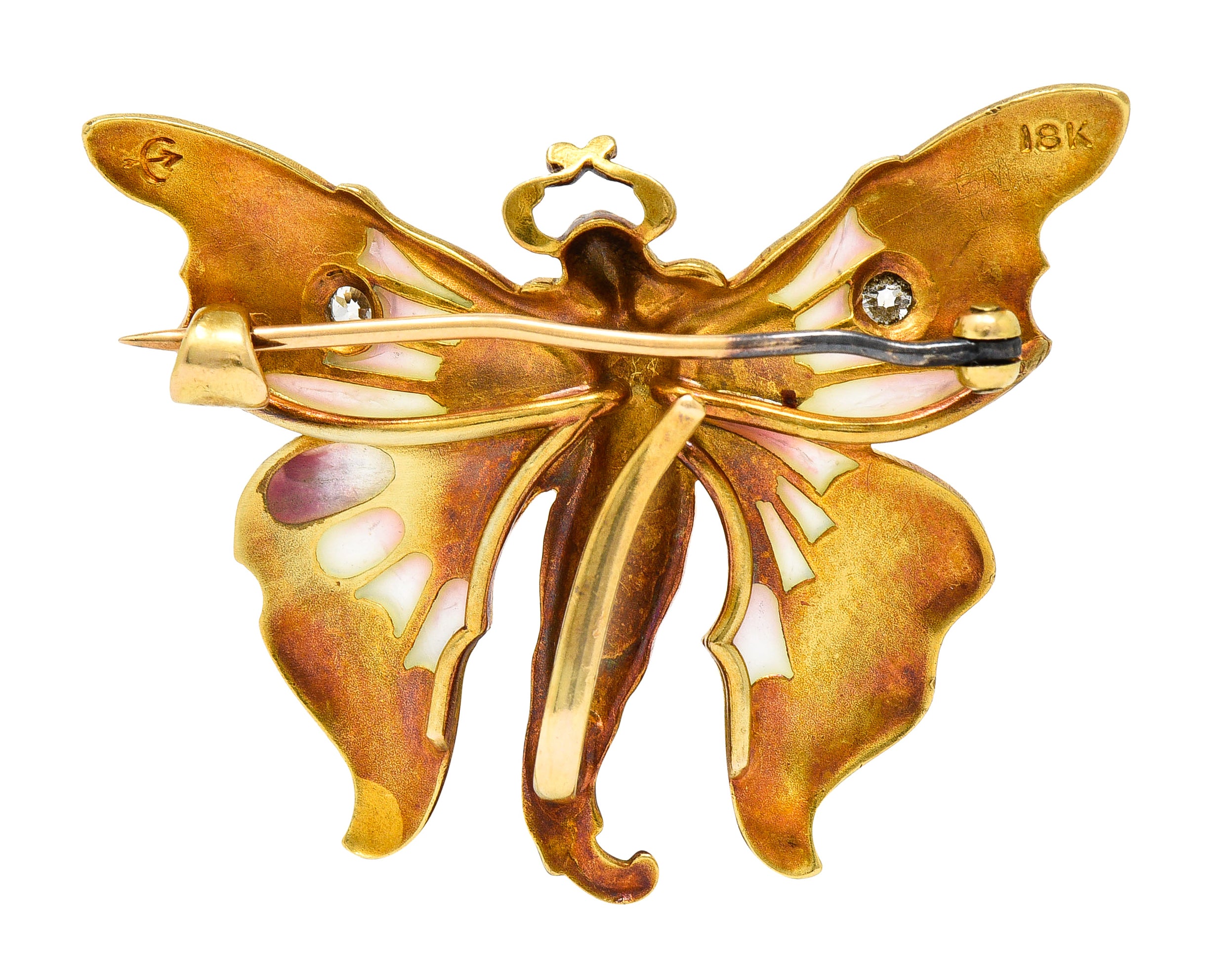 Whiteside & Blank Art Nouveau Plique-a-Jour Enamel Diamond 18 Karat Yellow Gold Fairy Brooch Wilson's Estate Jewelry