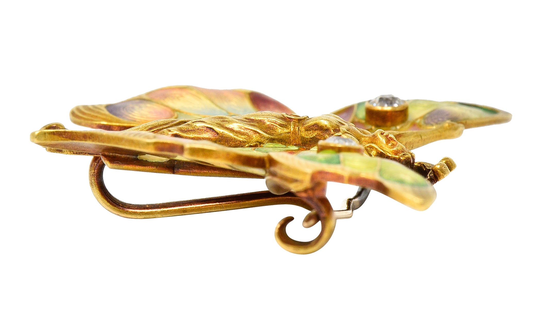 Whiteside & Blank Art Nouveau Plique-a-Jour Enamel Diamond 18 Karat Yellow Gold Fairy Brooch Wilson's Estate Jewelry