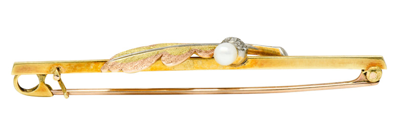 Munsey & Co. Pearl 15 Karat Tri-Colored Gold Leaf Bar BroochBrooch - Wilson's Estate Jewelry