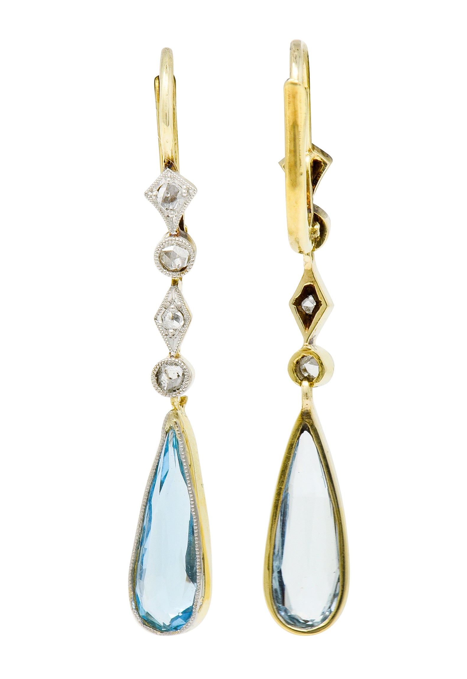 Edwardian Aquamarine Diamond Platinum-Topped Gold Drop Earrings - Wilson's Estate Jewelry