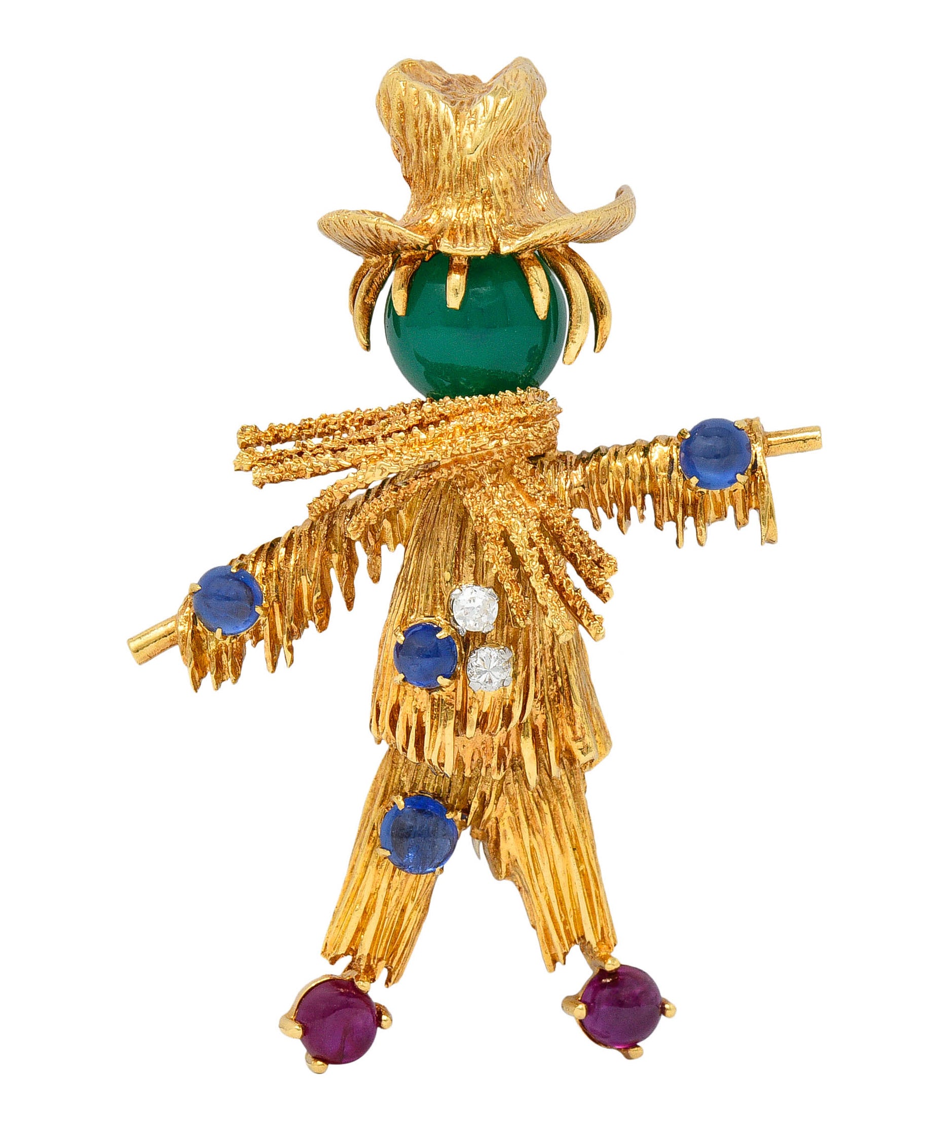 French Van Cleef & Arpels Ruby Sapphire Diamond Chrysoprase 18 Karat Gold Scarecrow Brooch 1965Brooch - Wilson's Estate Jewelry