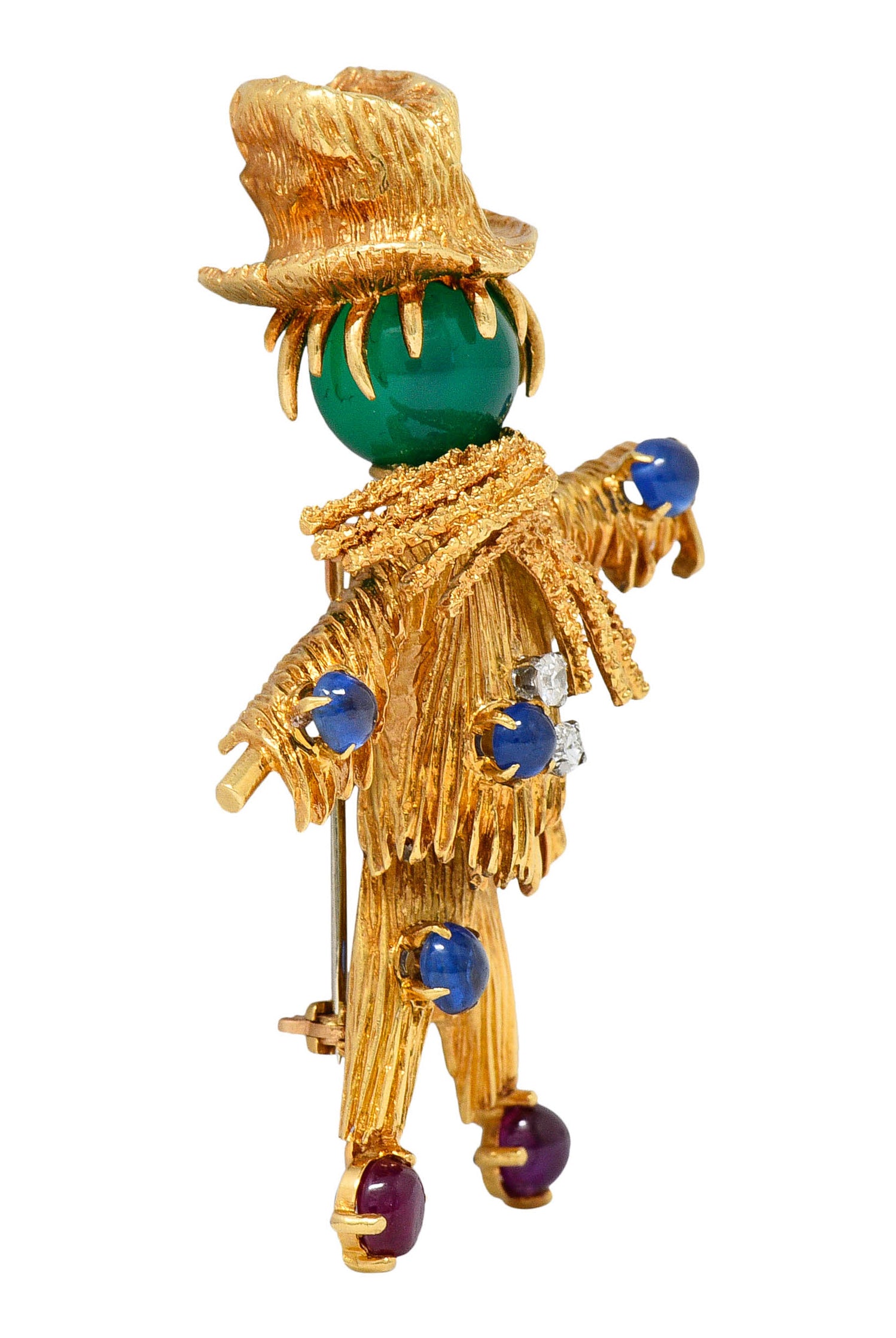 French Van Cleef & Arpels Ruby Sapphire Diamond Chrysoprase 18 Karat Gold Scarecrow Brooch 1965Brooch - Wilson's Estate Jewelry