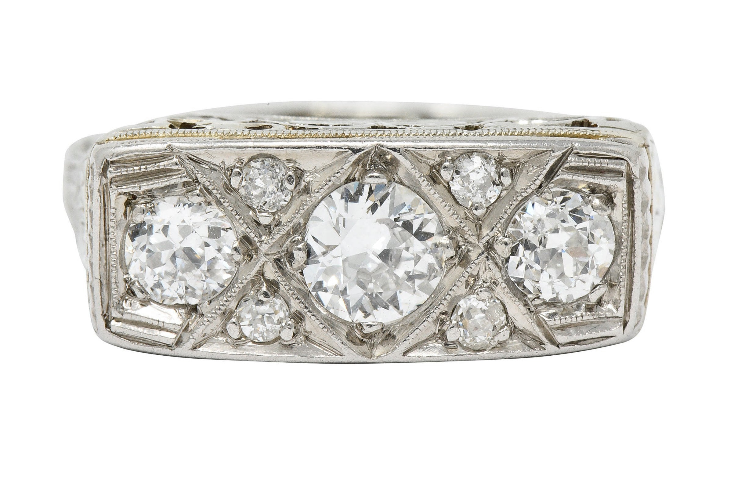 Edwardian 0.87 CTW Diamond Platinum-Topped 18 Karat White Gold Scrolled Band RingRing - Wilson's Estate Jewelry