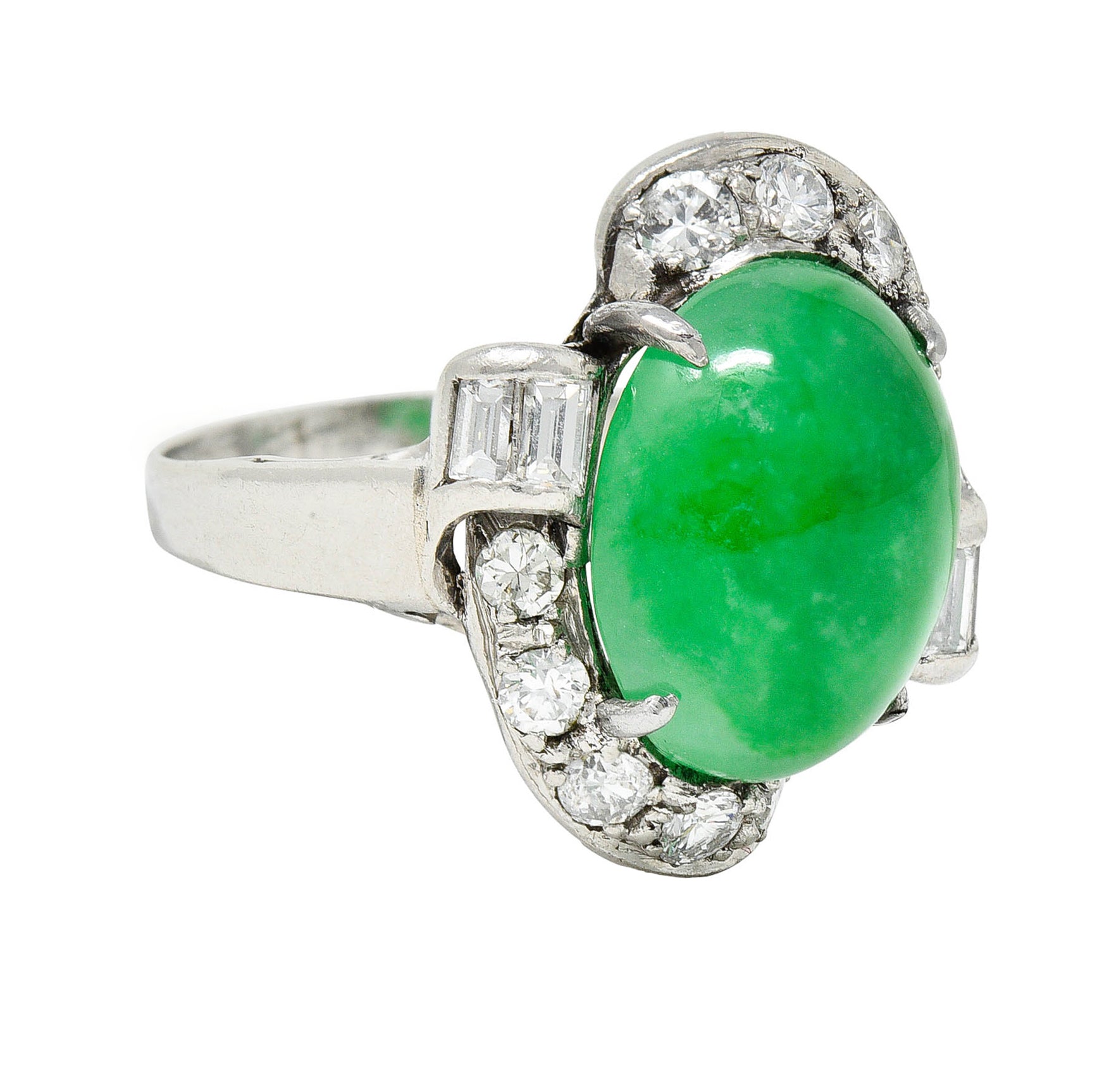 Mid-Century Jadeite Jade Diamond Platinum Bypass Ring GIARing - Wilson's Estate Jewelry