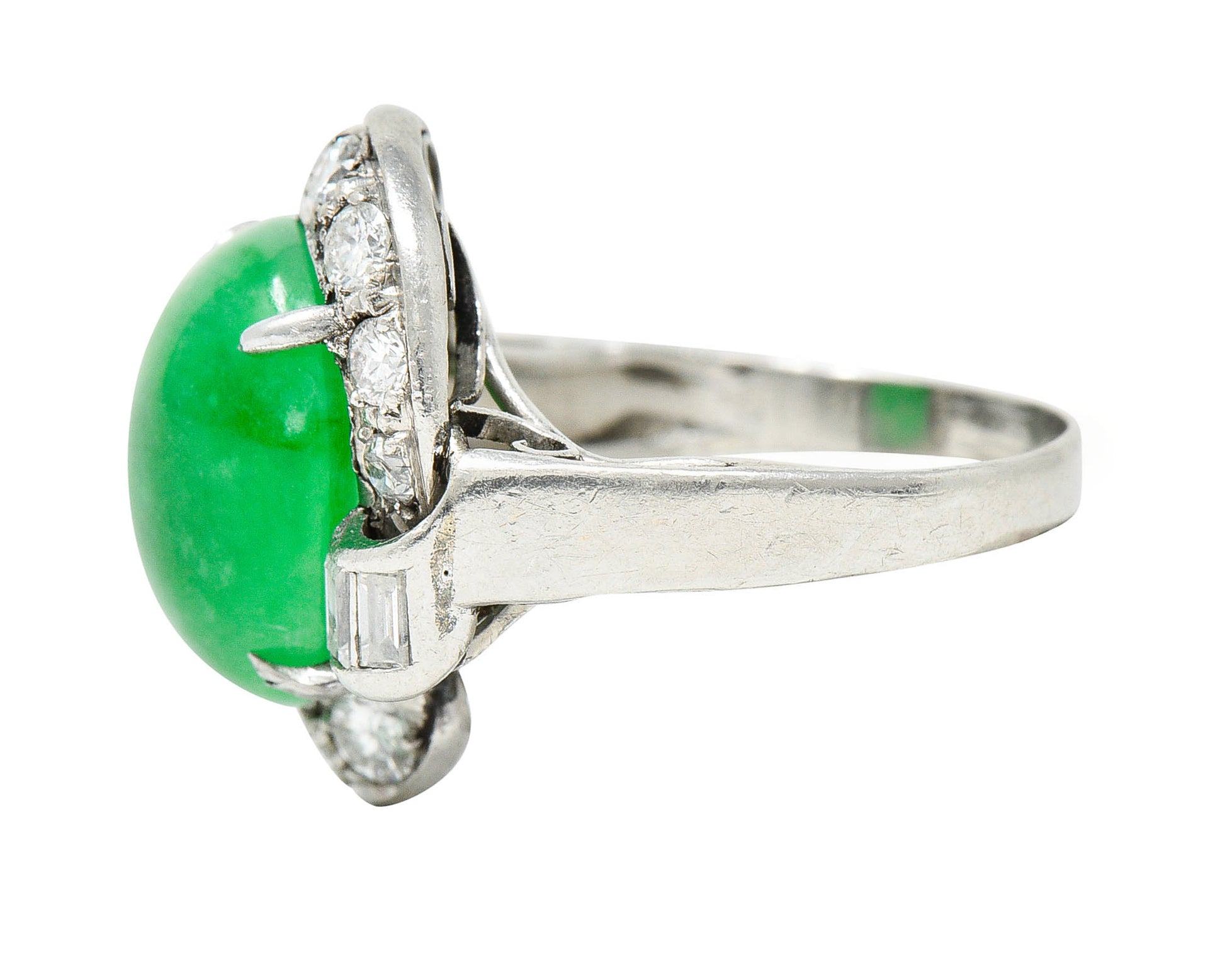 Mid-Century Jadeite Jade Diamond Platinum Bypass Ring GIARing - Wilson's Estate Jewelry