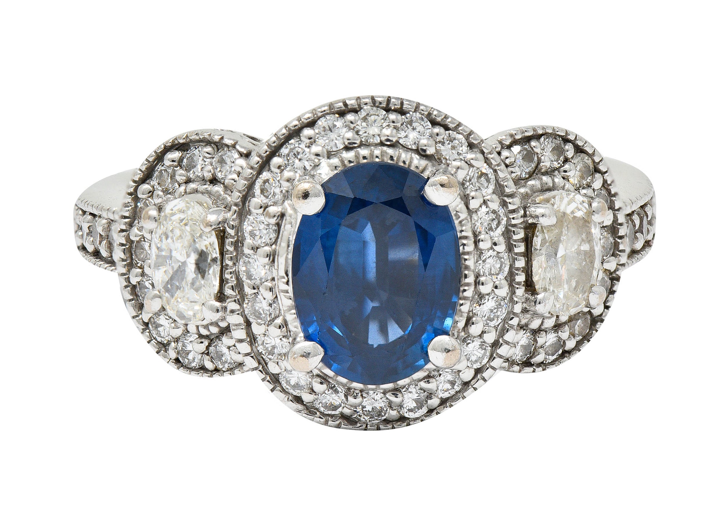 Vintage 2.70 CTW Sapphire Diamond 18 Karat White Gold Triple Cluster RingRing - Wilson's Estate Jewelry