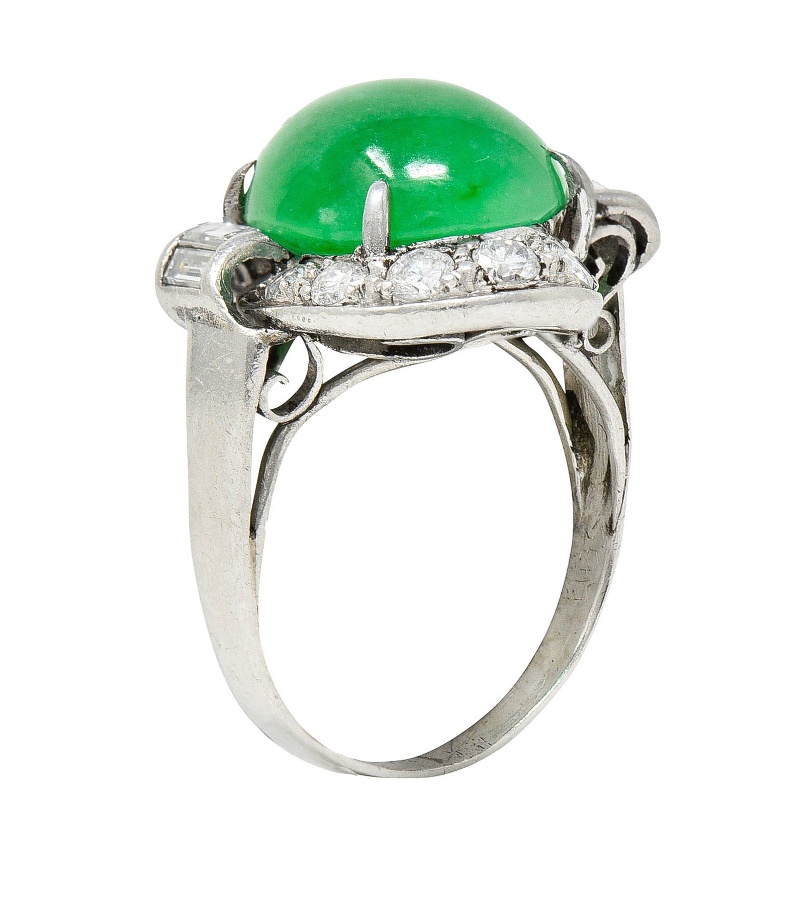 Mid-Century Jadeite Jade Diamond Platinum Bypass Ring GIARing - Wilson's Estate Jewelry