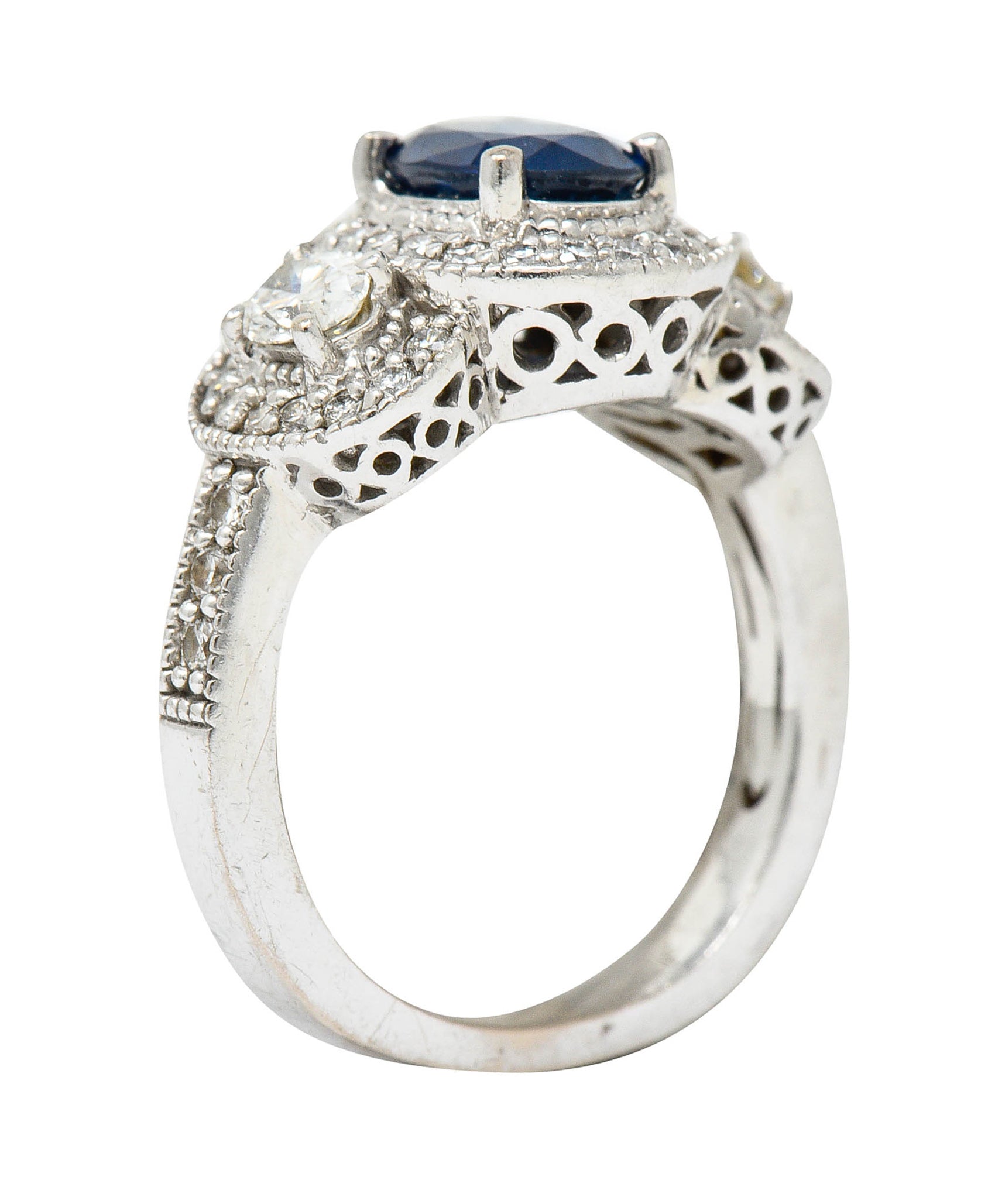 Vintage 2.70 CTW Sapphire Diamond 18 Karat White Gold Triple Cluster RingRing - Wilson's Estate Jewelry
