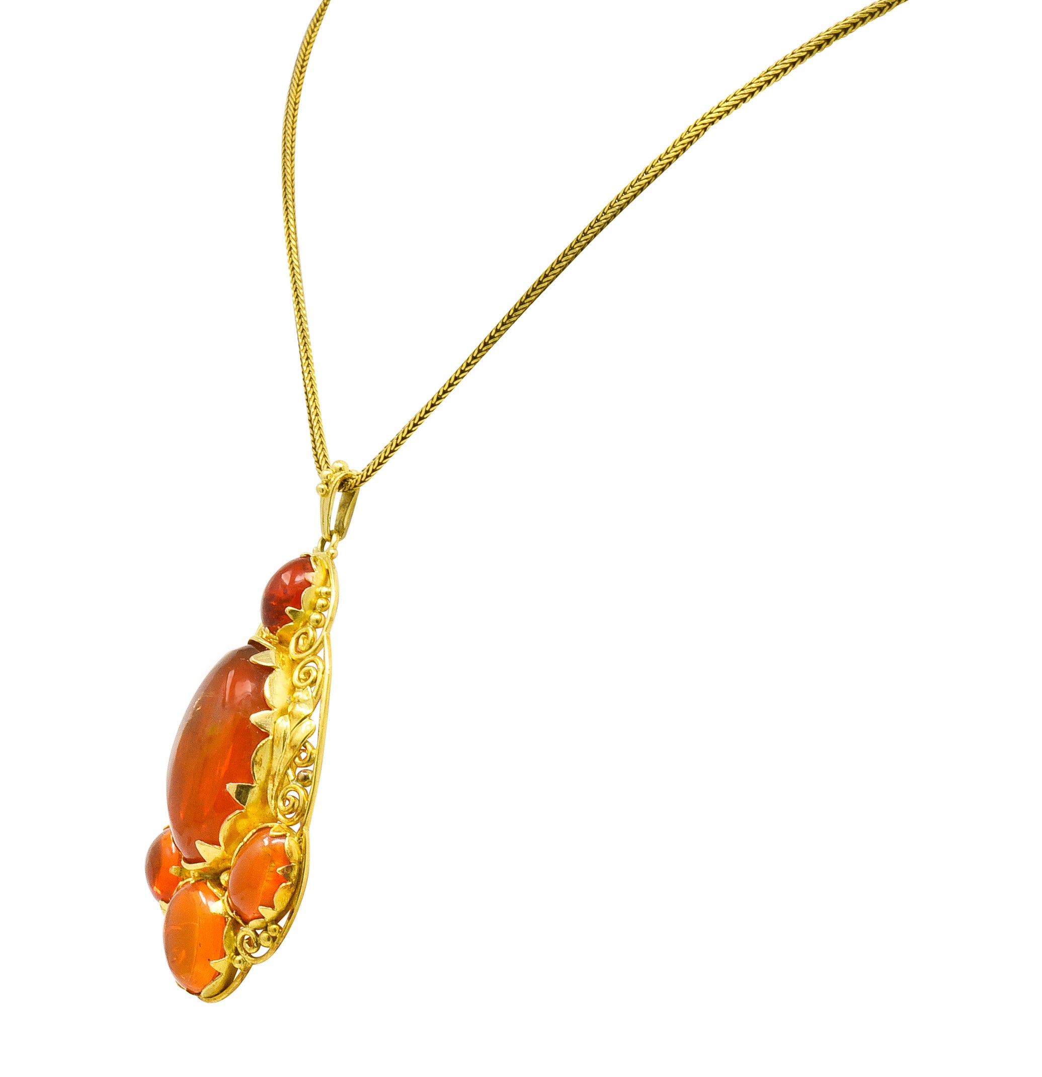 Arts & Crafts Mexican Fire Opal Cabochon 18 Karat Gold Pendant Necklace - Wilson's Estate Jewelry