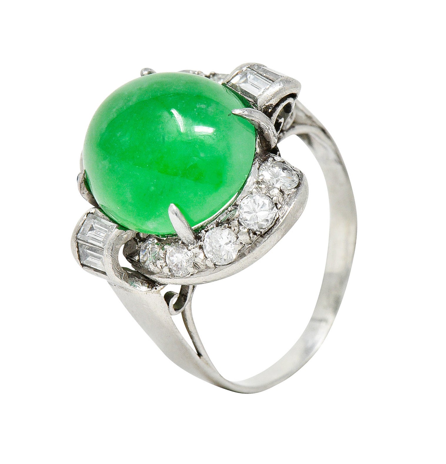 Mid-Century Jadeite Jade Diamond Platinum Bypass Ring GIARing - Wilson's Estate Jewelry