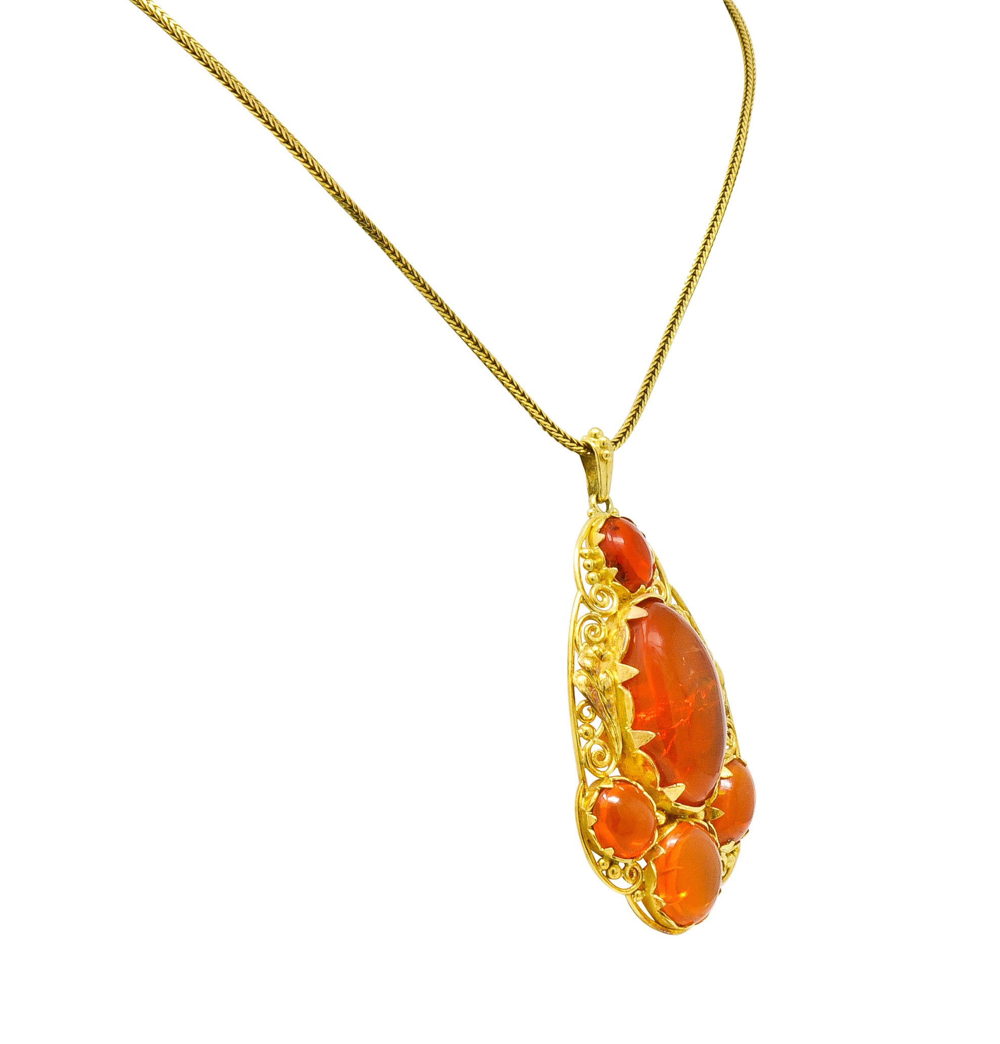 Arts & Crafts Mexican Fire Opal Cabochon 18 Karat Gold Pendant Necklace - Wilson's Estate Jewelry