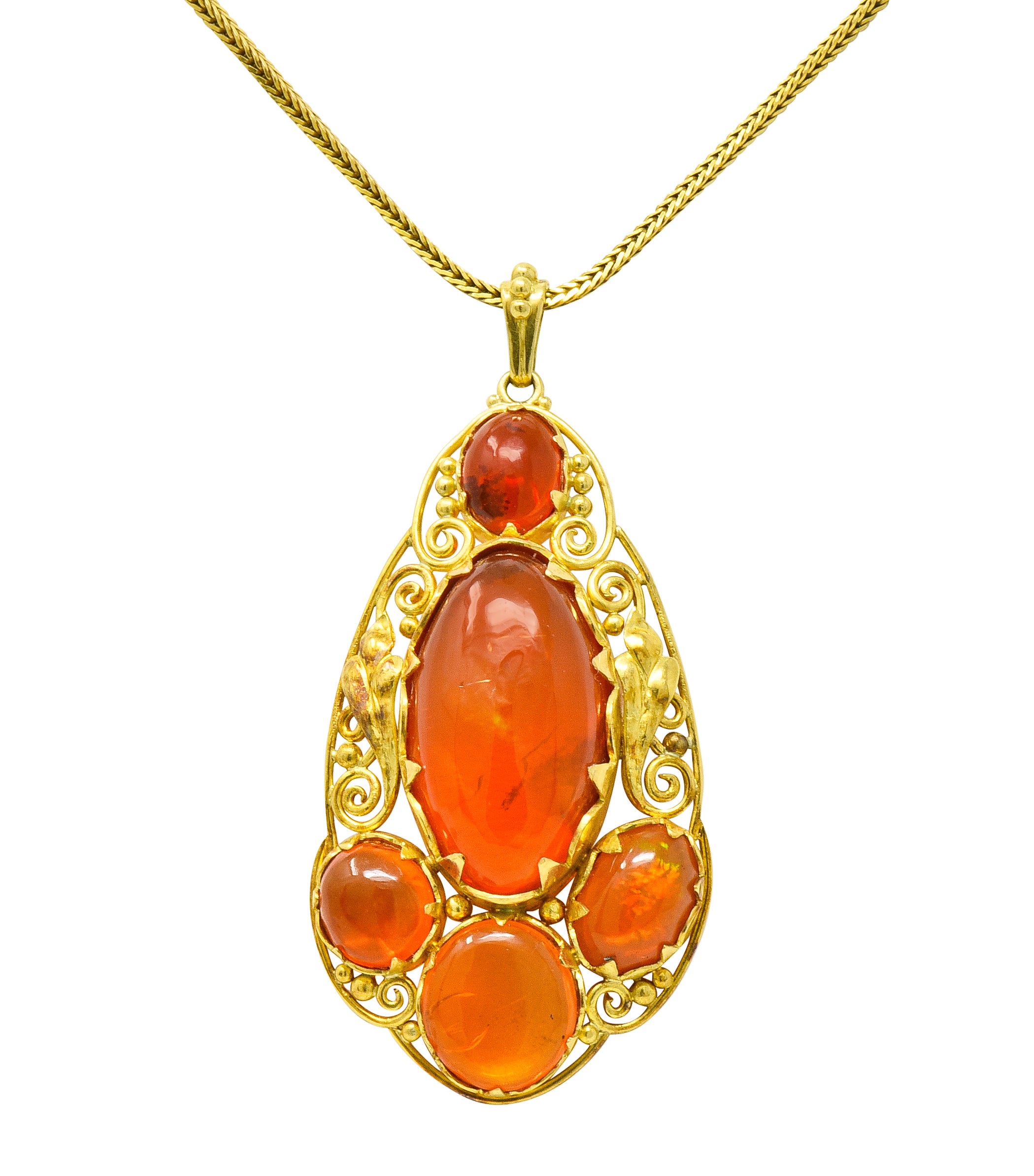 Arts & Crafts Mexican Fire Opal Cabochon 18 Karat Gold Pendant Necklace - Wilson's Estate Jewelry