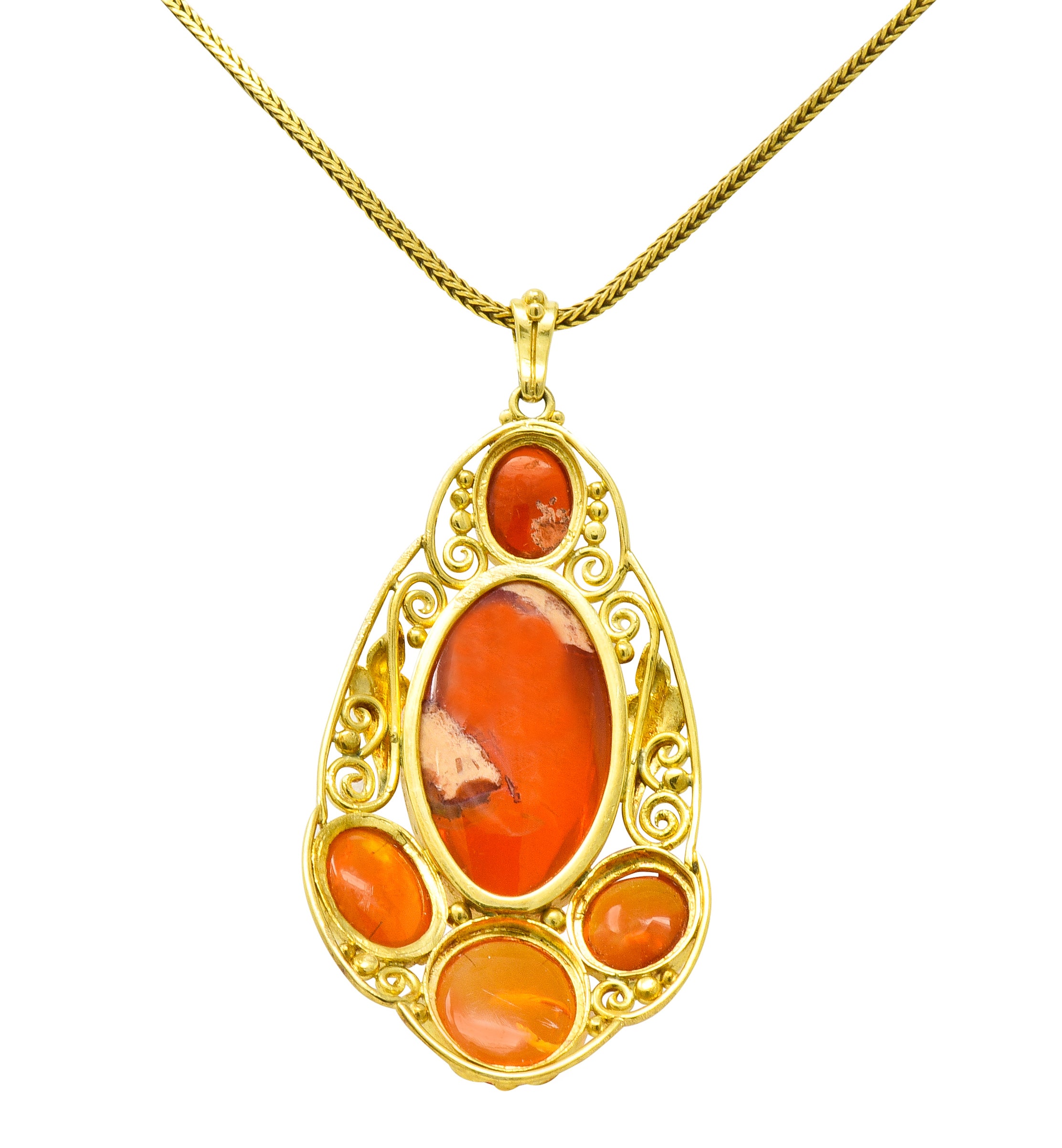 Arts & Crafts Mexican Fire Opal Cabochon 18 Karat Gold Pendant Necklace - Wilson's Estate Jewelry