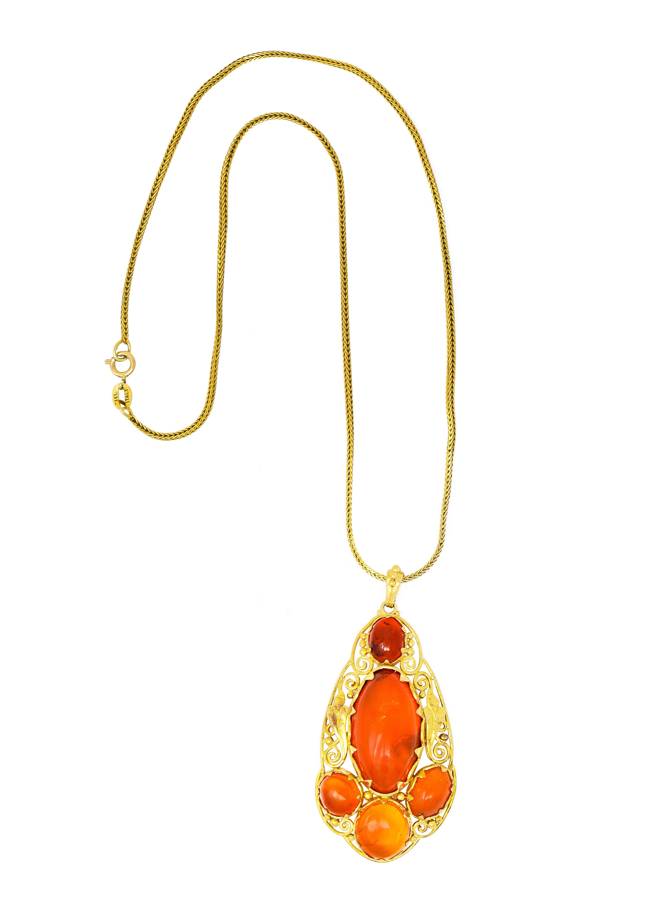 Arts & Crafts Mexican Fire Opal Cabochon 18 Karat Gold Pendant Necklace - Wilson's Estate Jewelry