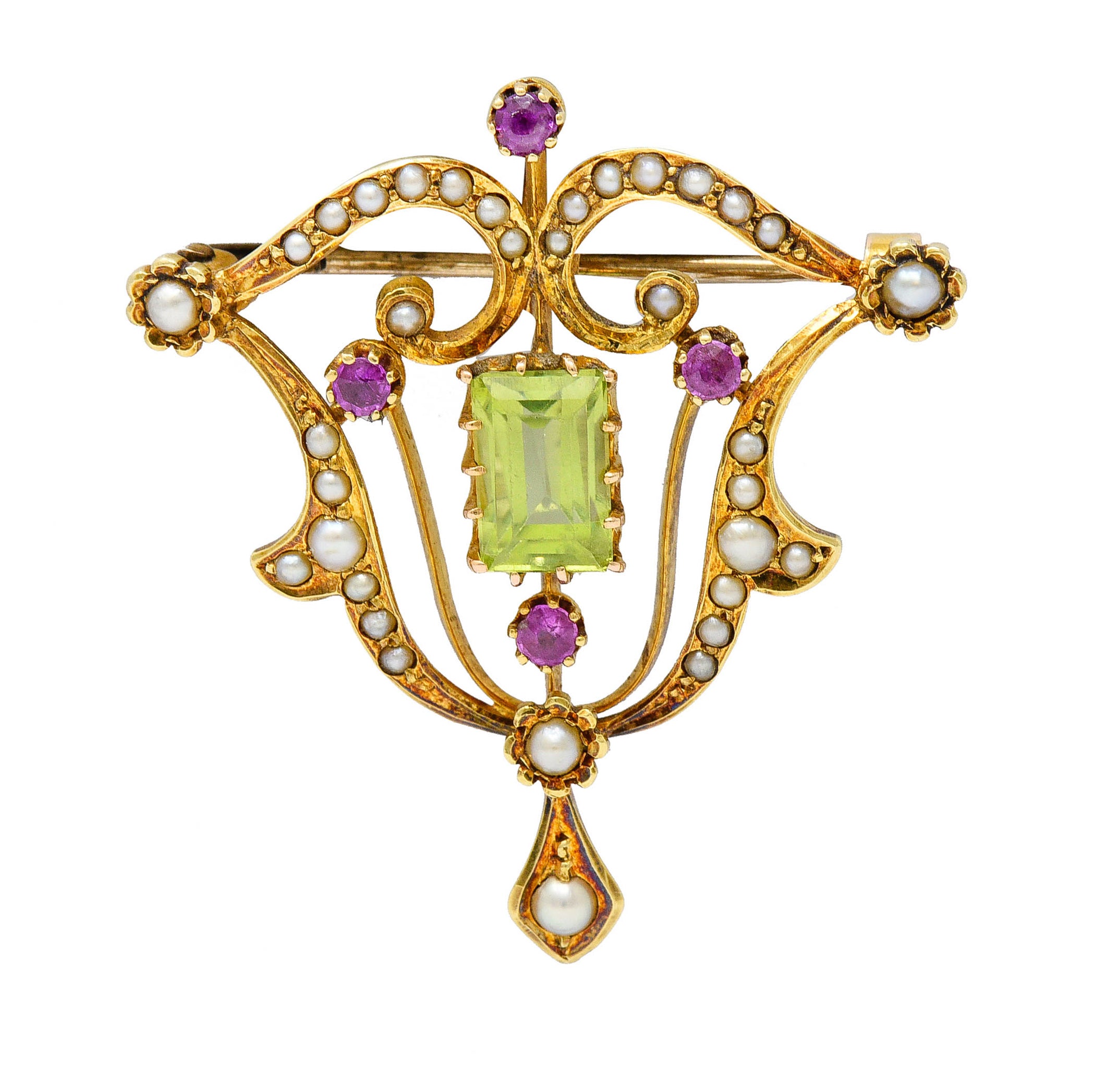 Art Nouveau 2.95 CTW Peridot Ruby Freshwater Natural Pearl 15 Karat Gold Pendant BroochBrooch - Wilson's Estate Jewelry