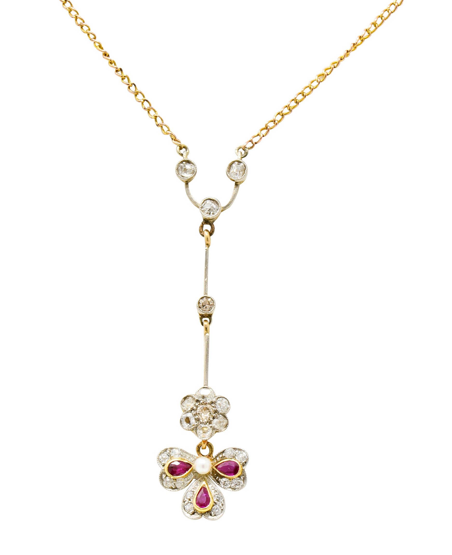 Edwardian Diamond Ruby Pearl Platinum-Topped 18 Karat Gold Floral Drop Necklace - Wilson's Estate Jewelry