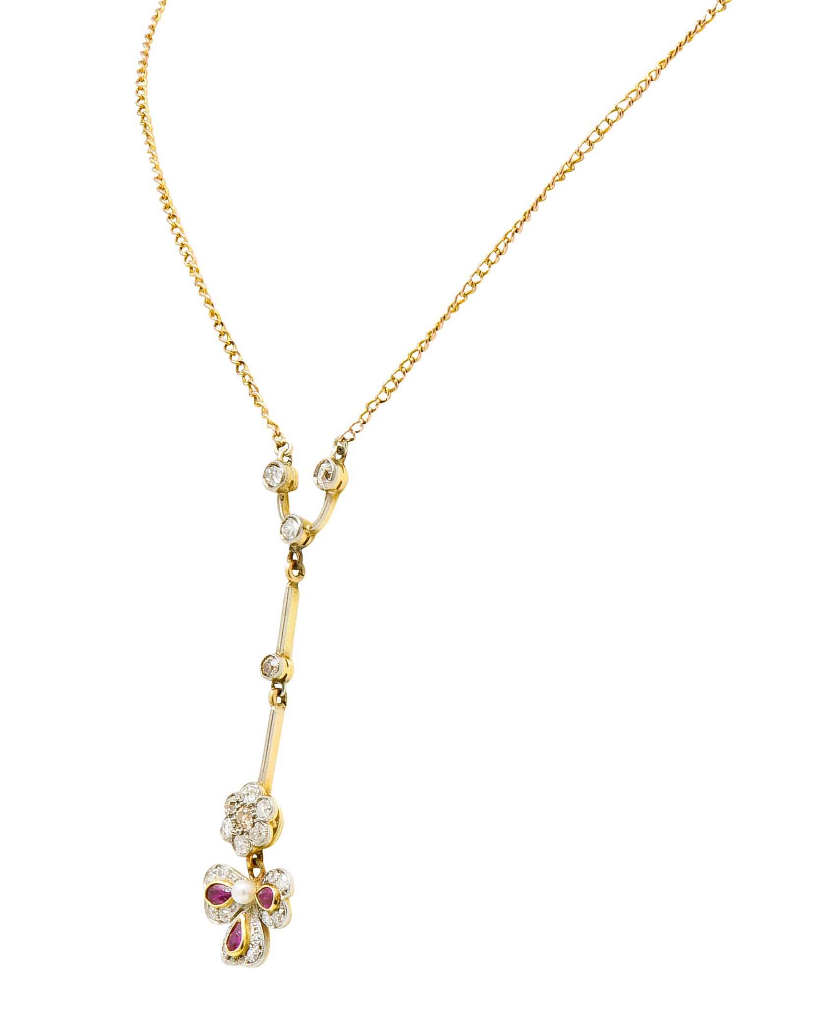 Edwardian Diamond Ruby Pearl Platinum-Topped 18 Karat Gold Floral Drop Necklace - Wilson's Estate Jewelry