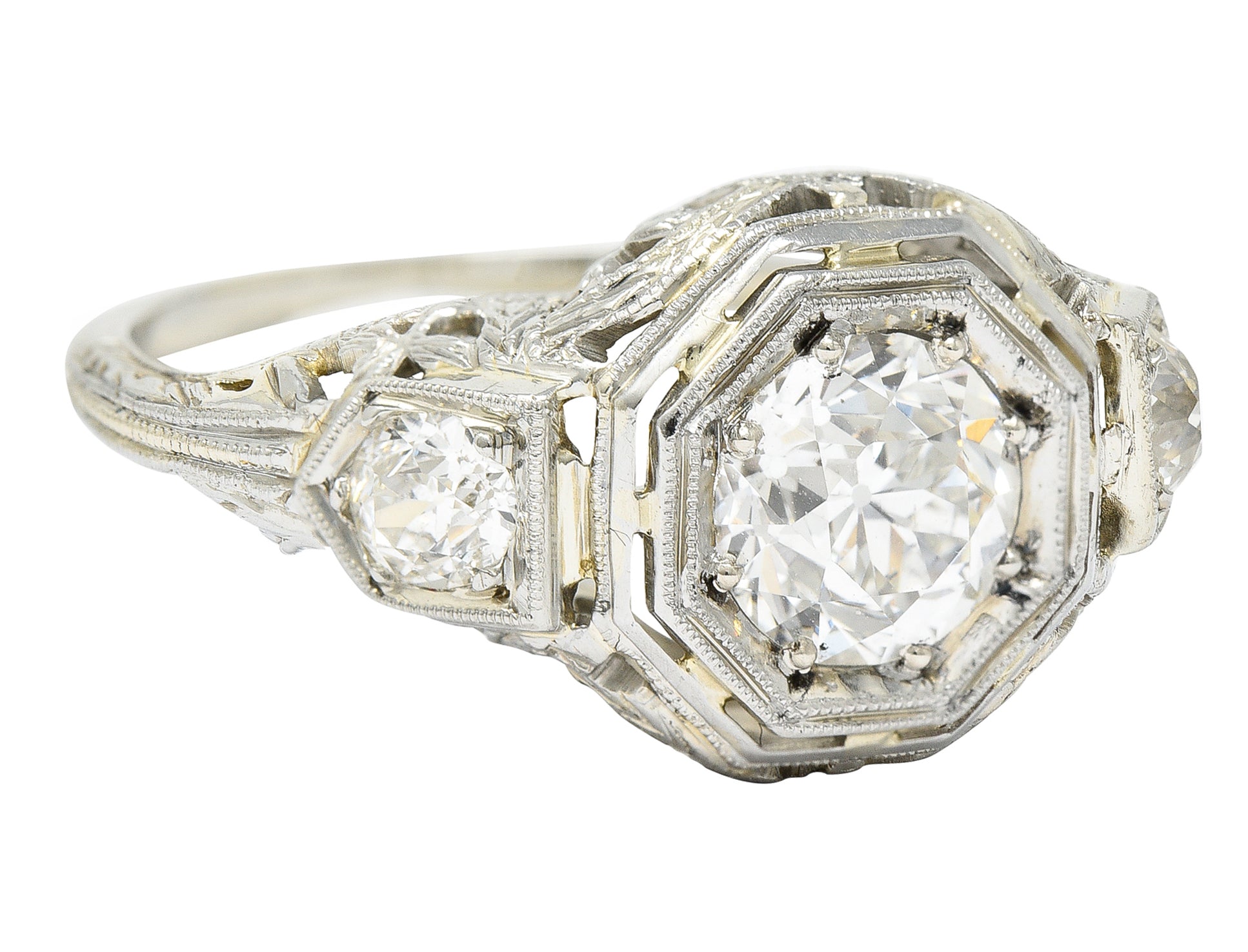 Art Deco 1.41 CTW Diamond 18 Karat White Gold Floral Engagement Ring GIA Wilson's Estate Jewelry