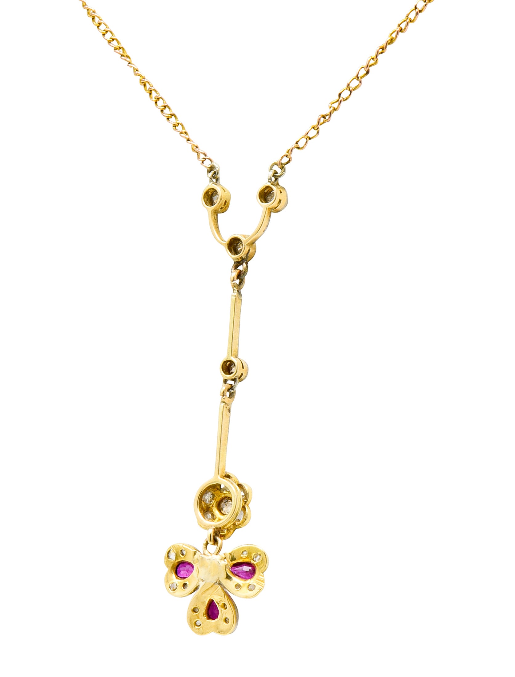 Edwardian Diamond Ruby Pearl Platinum-Topped 18 Karat Gold Floral Drop Necklace - Wilson's Estate Jewelry