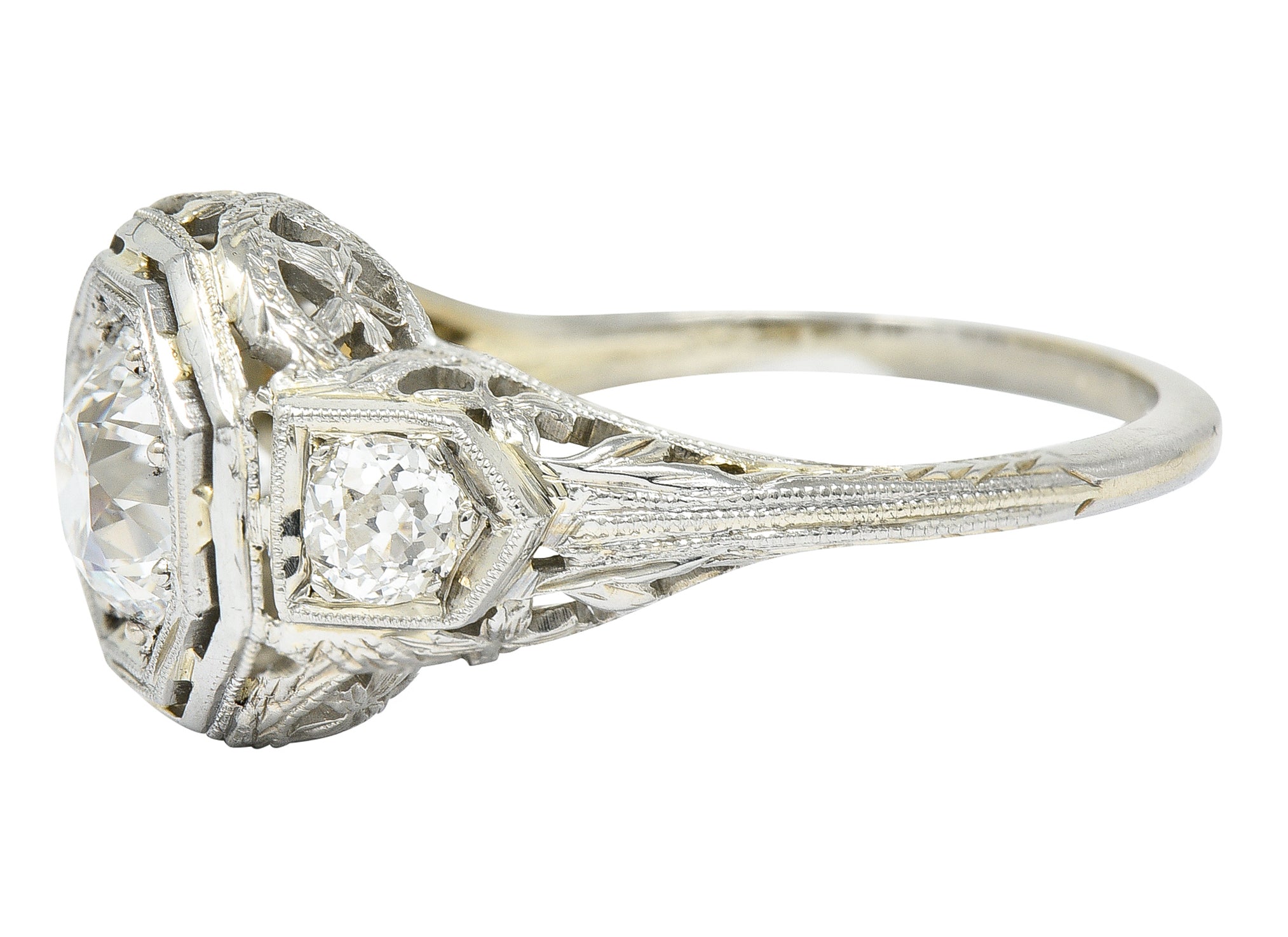 Art Deco 1.41 CTW Diamond 18 Karat White Gold Floral Engagement Ring GIA Wilson's Estate Jewelry