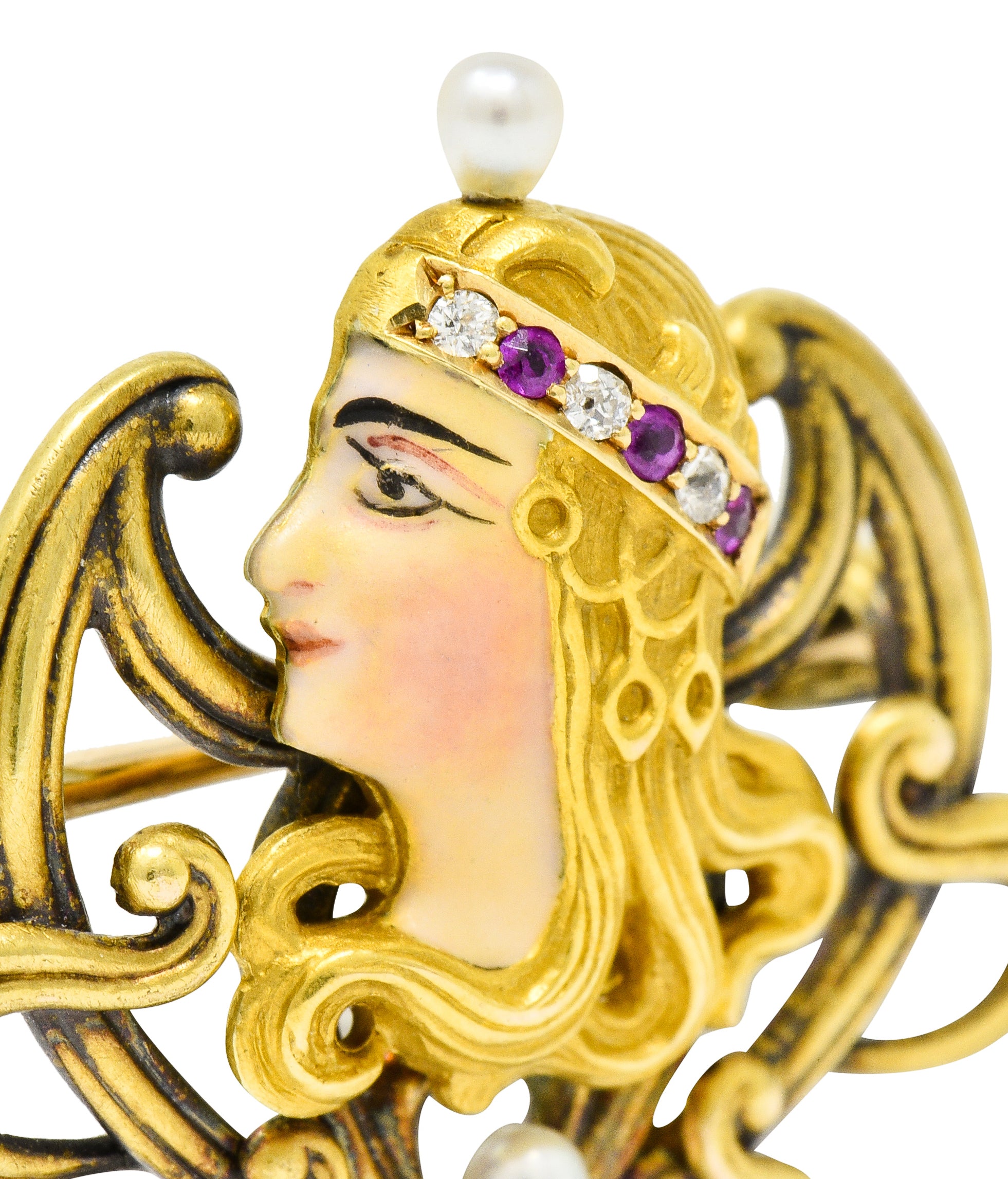 Art Nouveau Enamel Pearl Ruby Diamond 14 Karat Gold Whiplash Empress Pendant Brooch - Wilson's Estate Jewelry