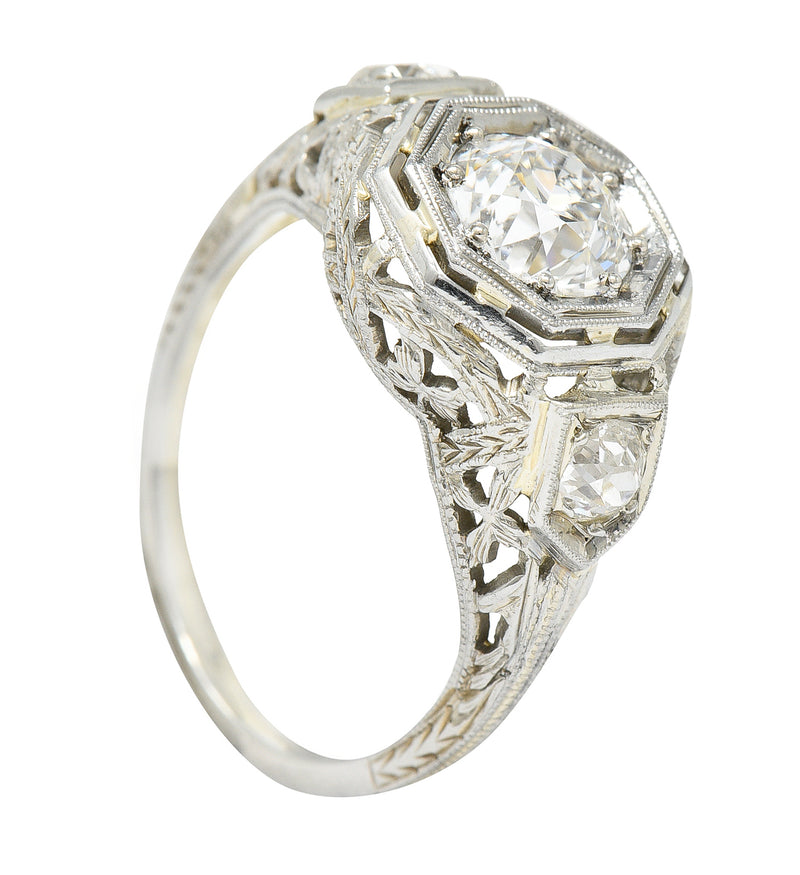 Art Deco 1.41 CTW Diamond 18 Karat White Gold Floral Engagement Ring GIA Wilson's Estate Jewelry