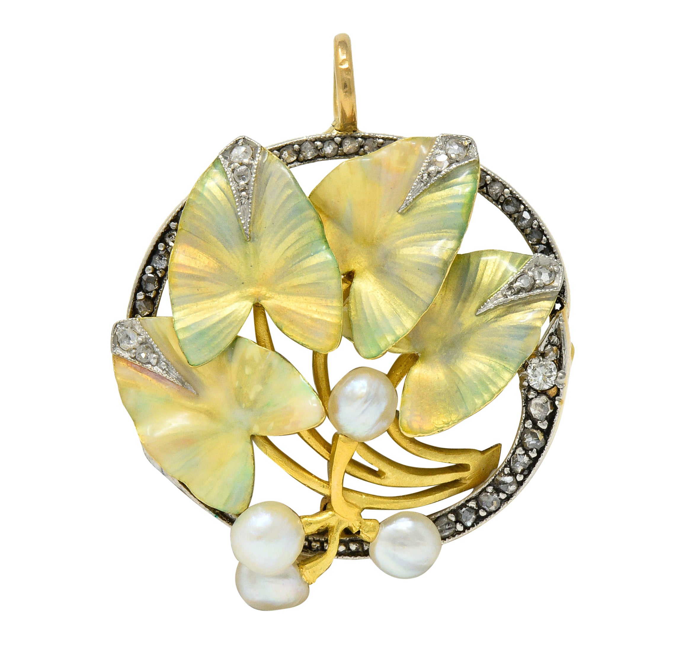 Art Nouveau Enamel Pearl Diamond Platinum-Topped 18 Karat Two-Tone Gold Ivy Broochcharm - Wilson's Estate Jewelry