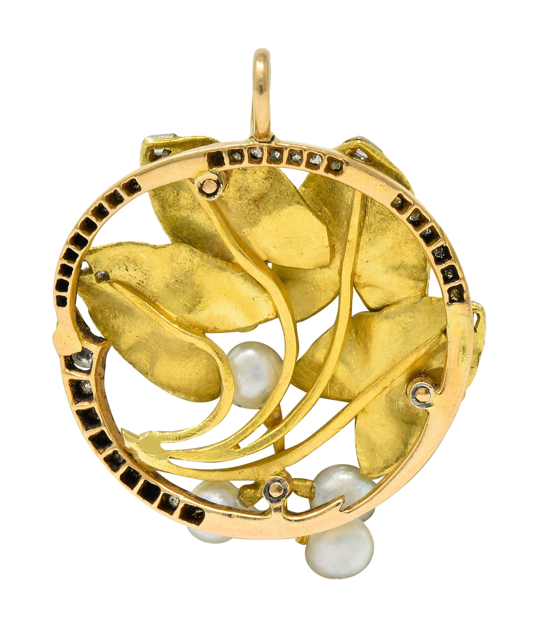 Art Nouveau Enamel Pearl Diamond Platinum-Topped 18 Karat Two-Tone Gold Ivy Broochcharm - Wilson's Estate Jewelry