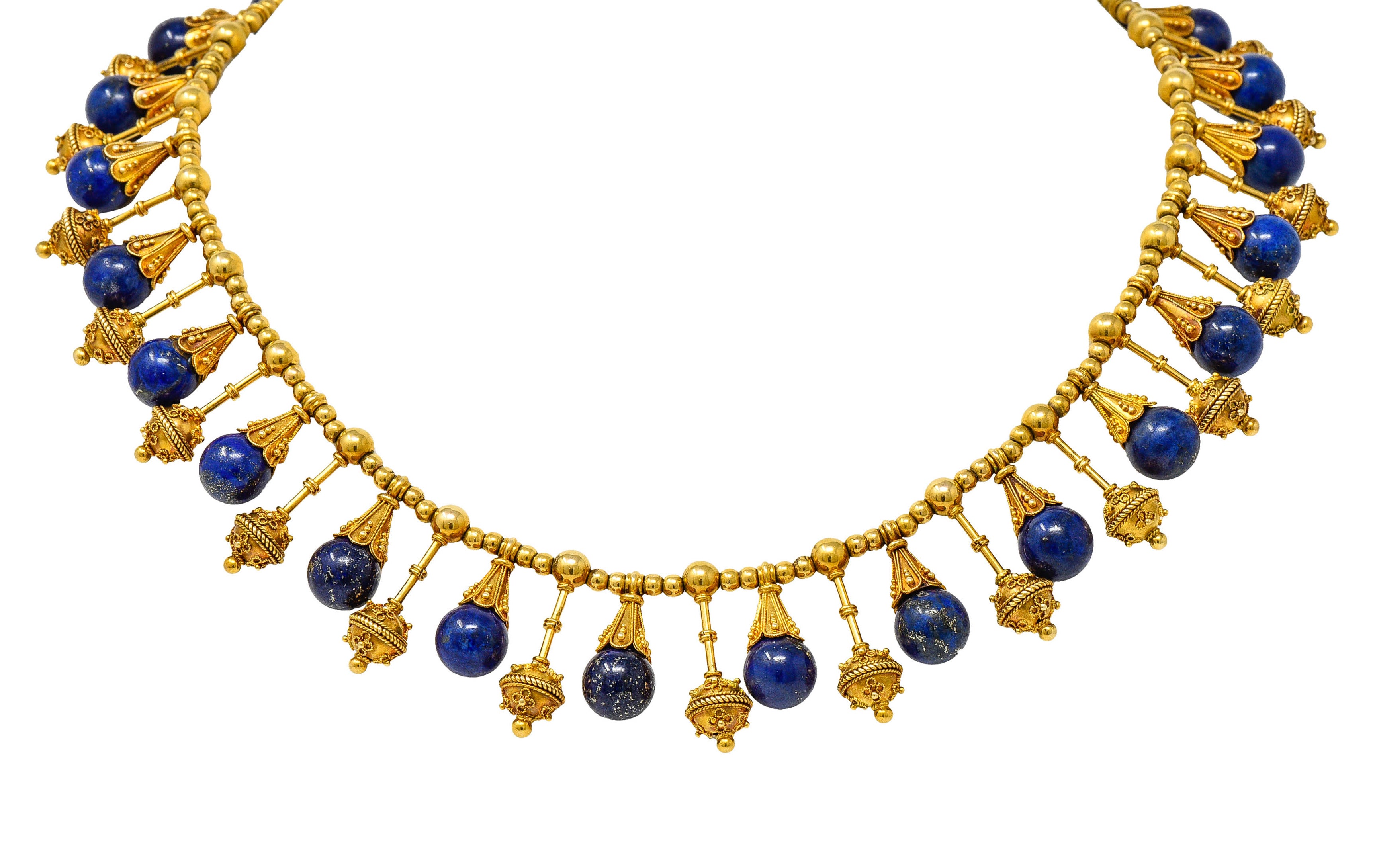 Victorian Etruscan Revival Lapis Lazuli 18 Karat Gold Drop Fringe NecklaceNecklace - Wilson's Estate Jewelry