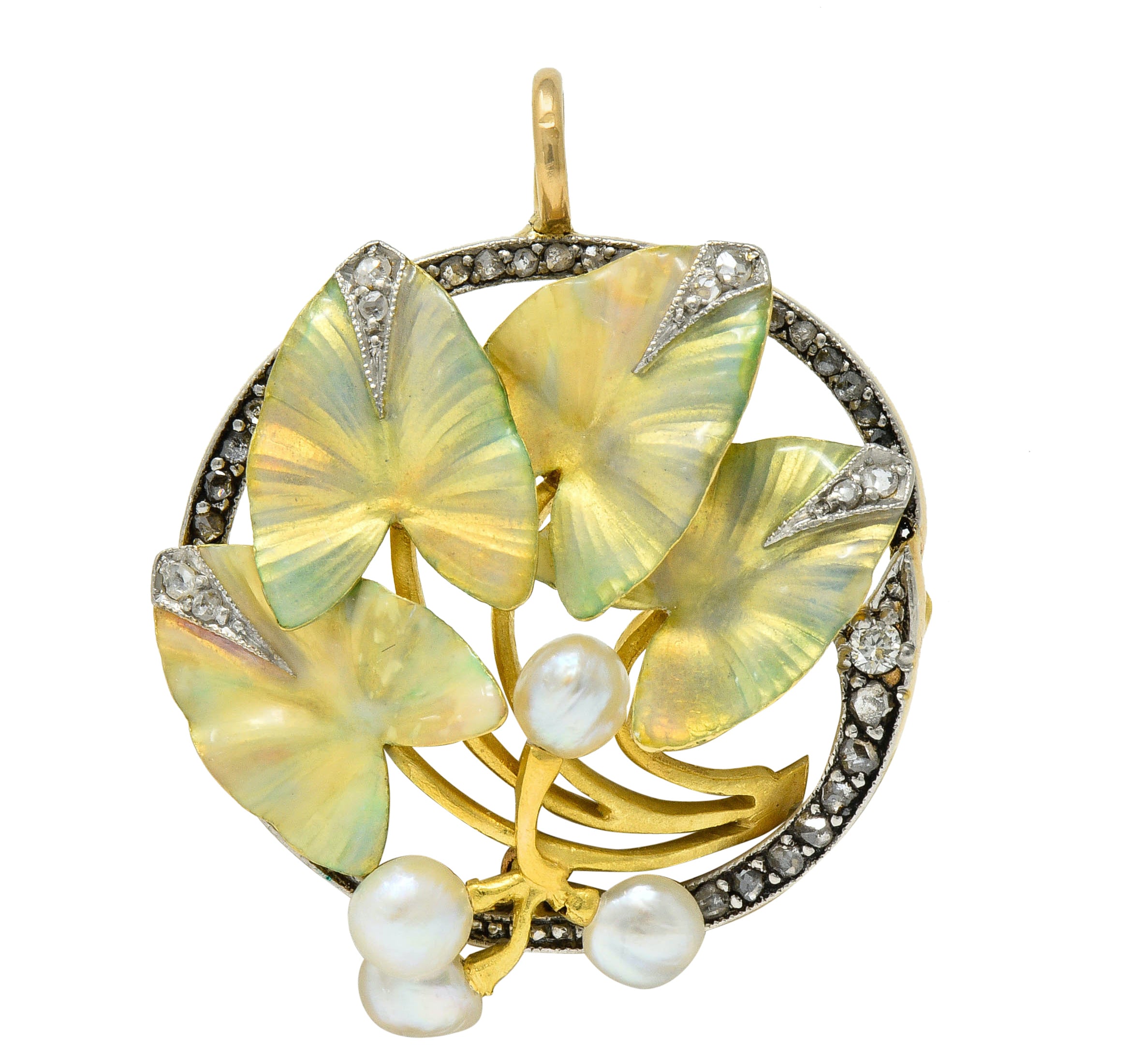 Art Nouveau Enamel Pearl Diamond Platinum-Topped 18 Karat Two-Tone Gold Ivy Broochcharm - Wilson's Estate Jewelry