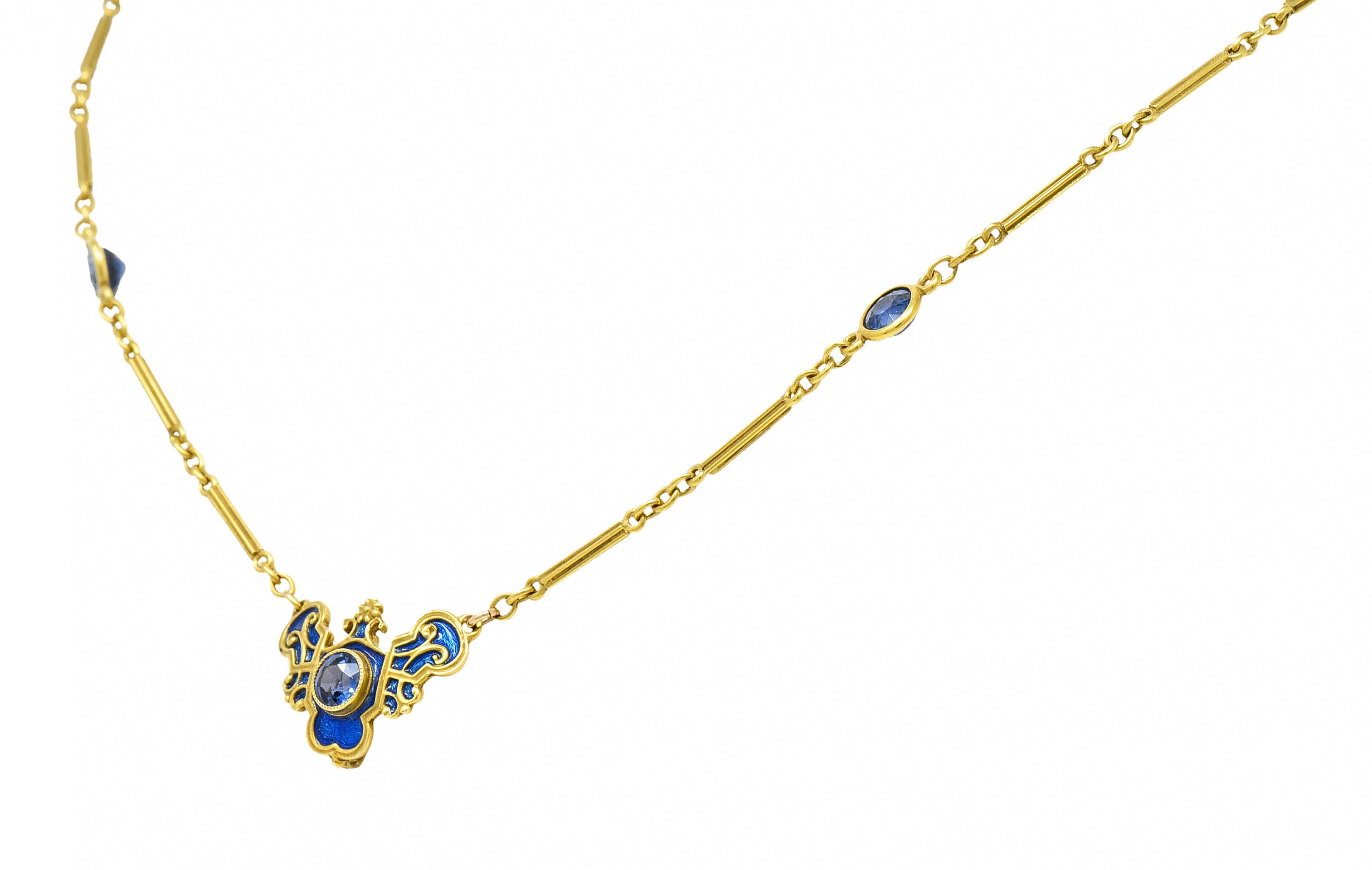 Art Nouveau Sapphire Enamel 14 Karat Gold Station NecklaceNecklace - Wilson's Estate Jewelry