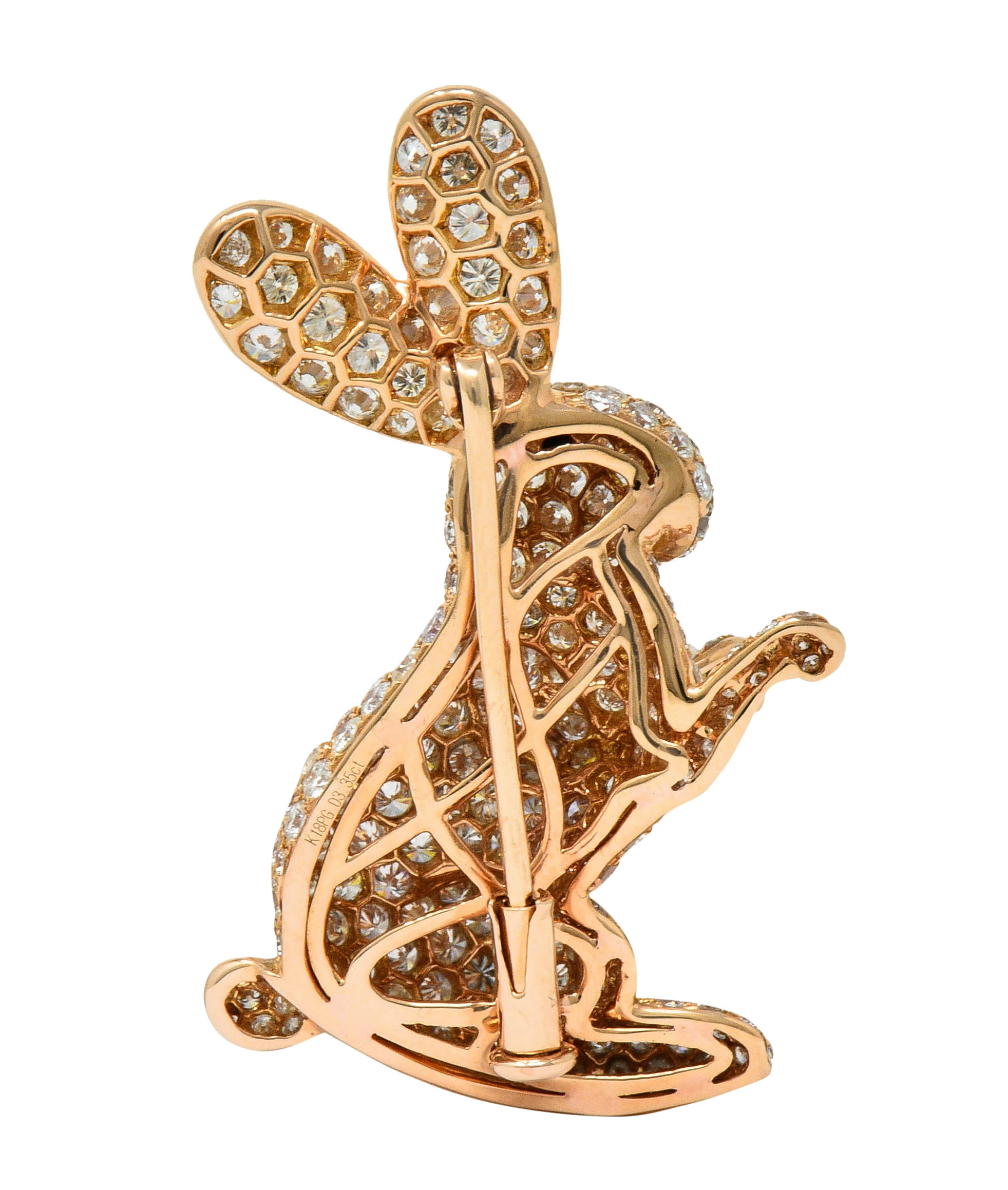 Contemporary 3.35 CTW Pave Diamond 18 Karat Rose Gold Bunny Rabbit BroochBrooch - Wilson's Estate Jewelry