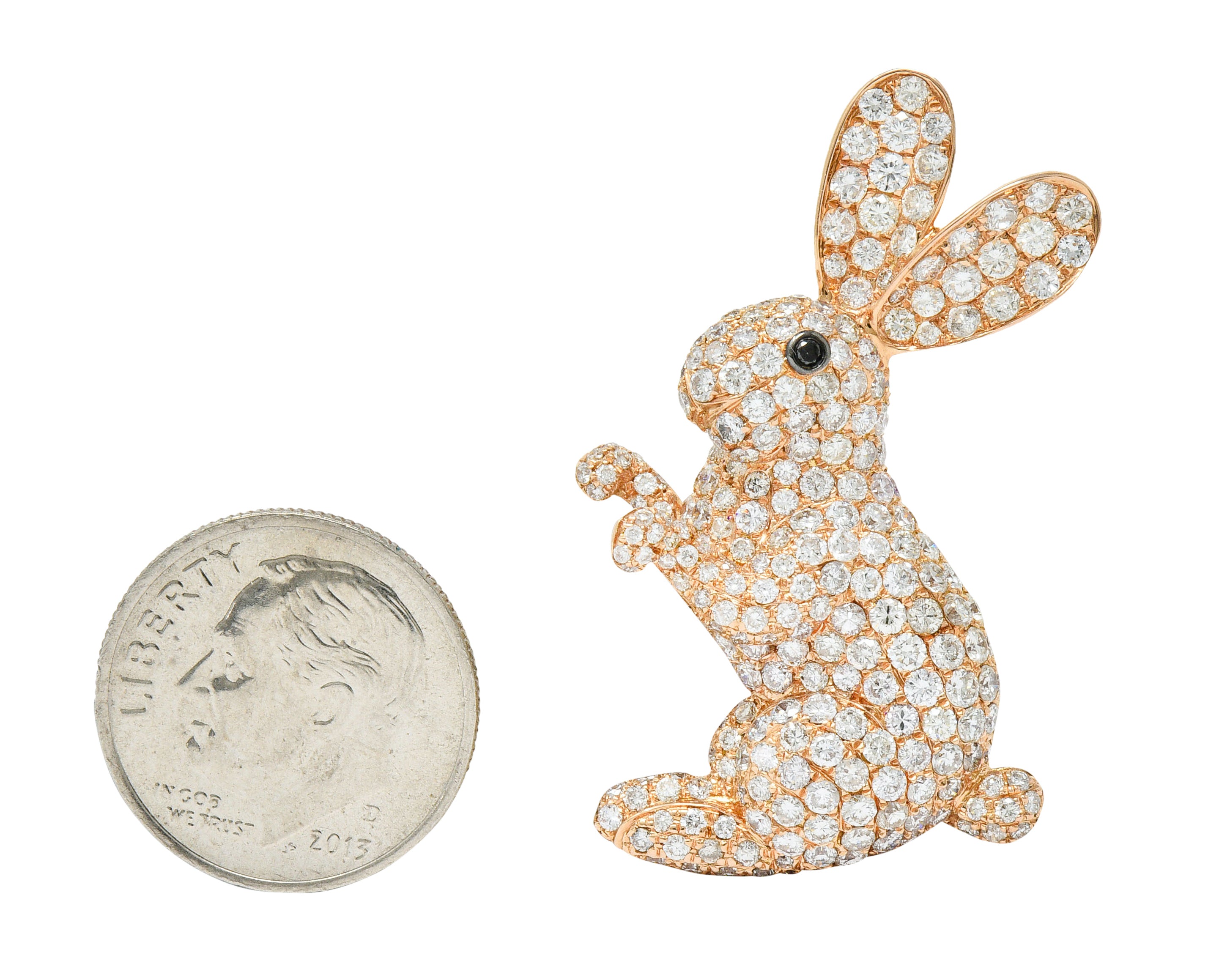 Contemporary 3.35 CTW Pave Diamond 18 Karat Rose Gold Bunny Rabbit BroochBrooch - Wilson's Estate Jewelry