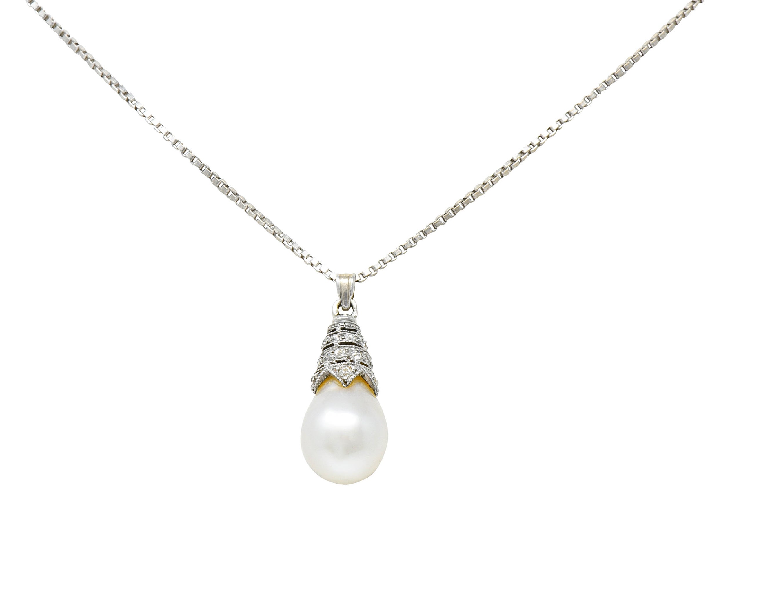 Art Deco Diamond Pearl 14 Karat White Gold Drop NecklaceNecklace - Wilson's Estate Jewelry