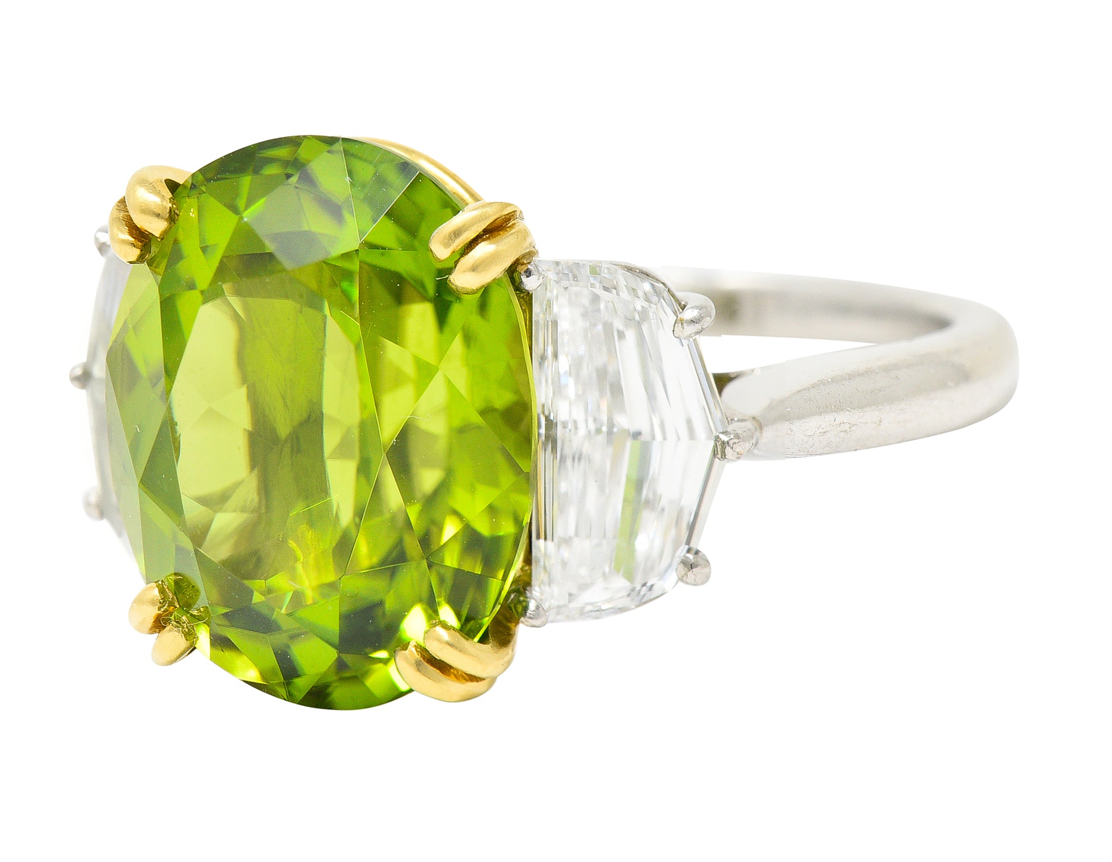 Contemporary 10.51 CTW Oval Cut Peridot Half Moon Step-Cut Diamond Platinum 18 Karat Yellow Gold Three Stone Ring Wilson's Estate Jewelry